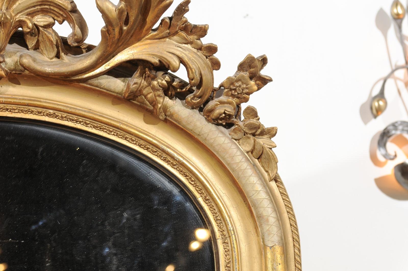 French 1860s Napoleon III Giltwood Mirror with Carved Crest and Floral Décor 7