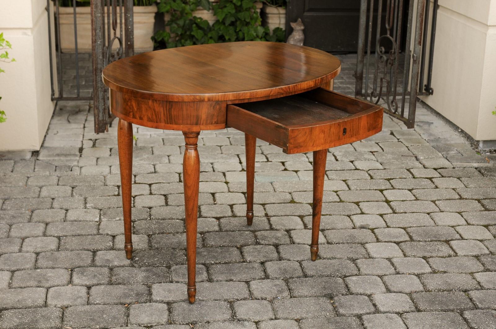 19th Century French 1860s Napoleon III Oval Table with Single Drawer and Cylindrical Legs