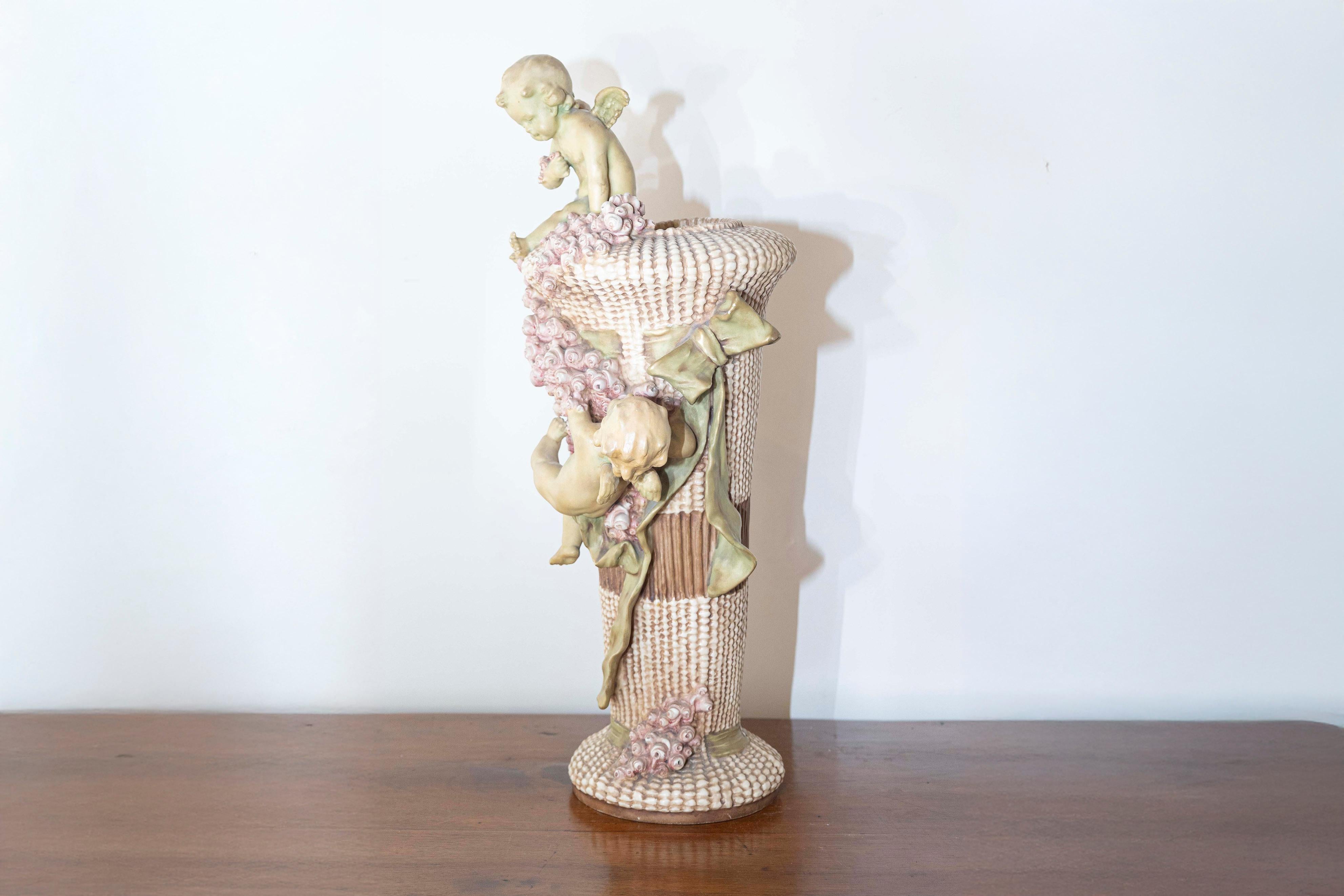 Napoleon III French 1860s Napoléon III Painted Terracotta Vase with Playful Cherubs and Roses For Sale