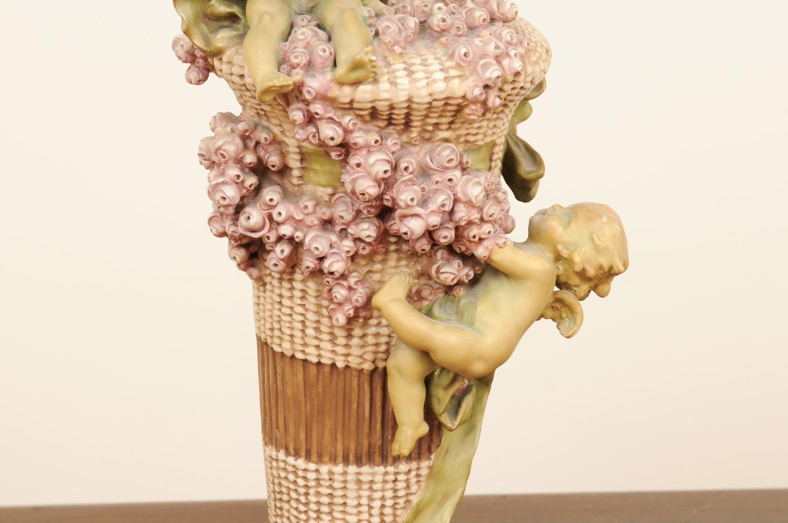 19th Century French 1860s Napoléon III Painted Terracotta Vase with Playful Cherubs and Roses For Sale