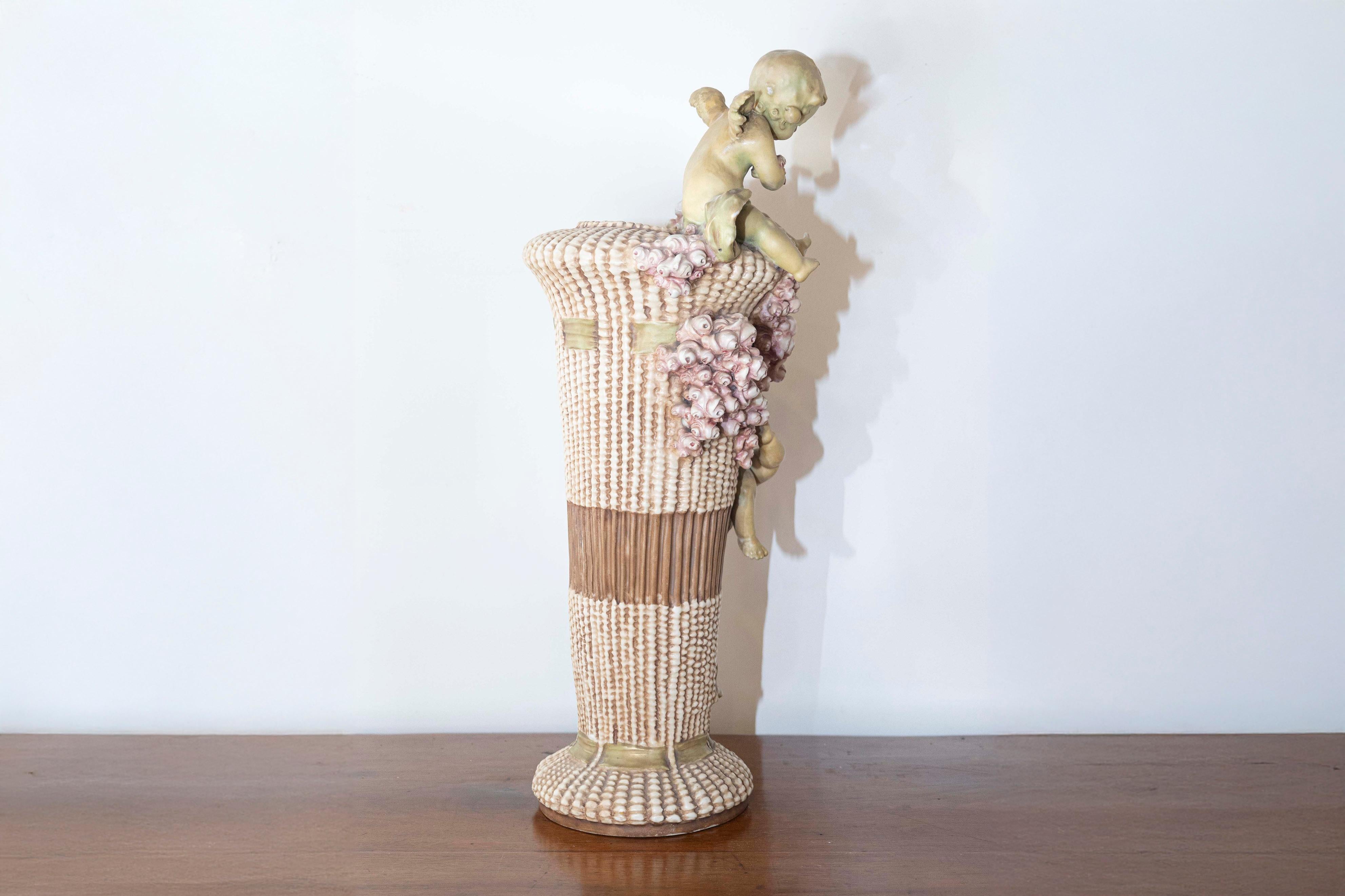 19th Century French 1860s Napoléon III Painted Terracotta Vase with Playful Cherubs and Roses For Sale
