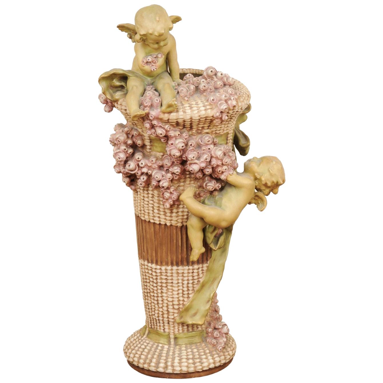 French 1860s Napoléon III Painted Terracotta Vase with Playful Cherubs and Roses For Sale