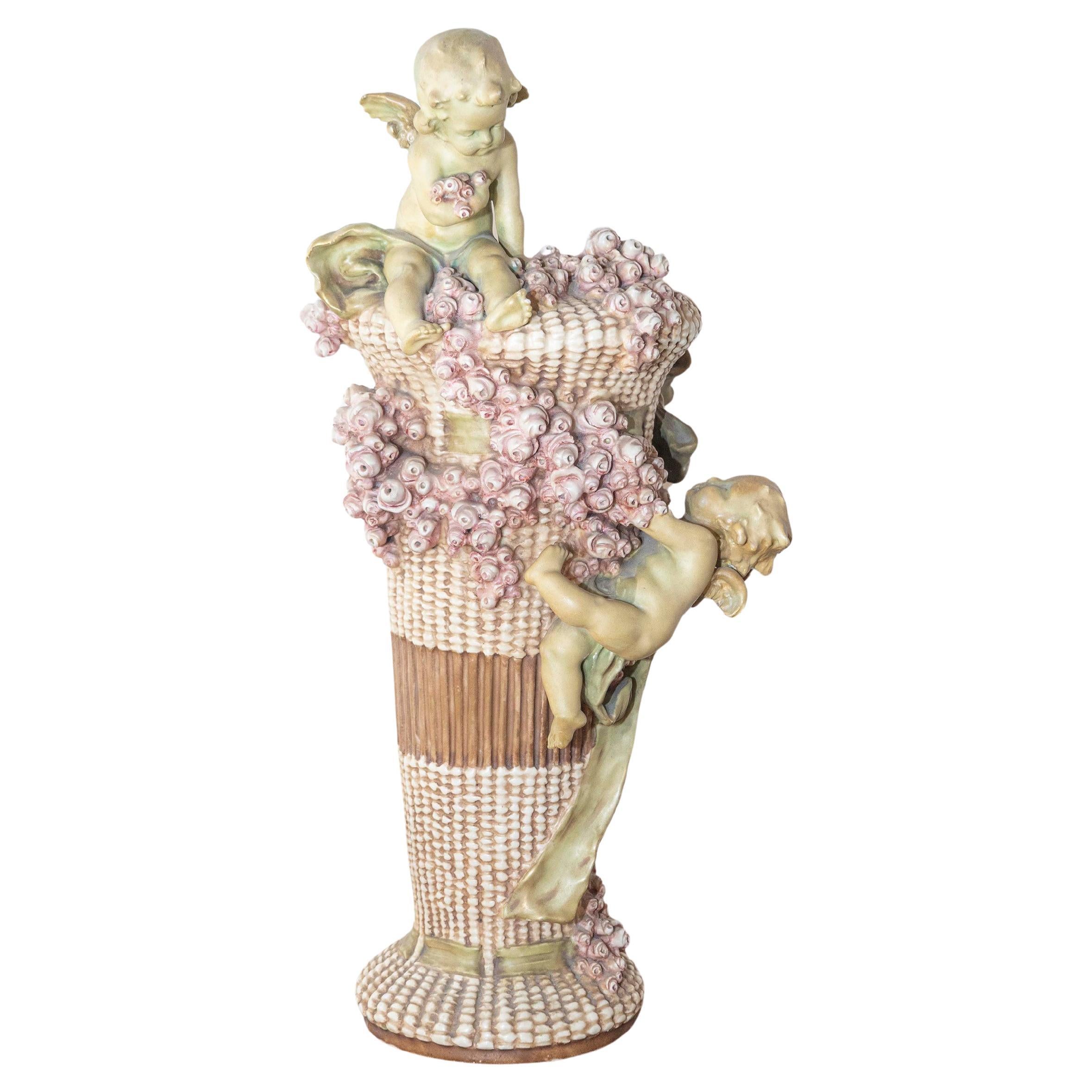French 1860s Napoléon III Painted Terracotta Vase with Playful Cherubs and Roses For Sale