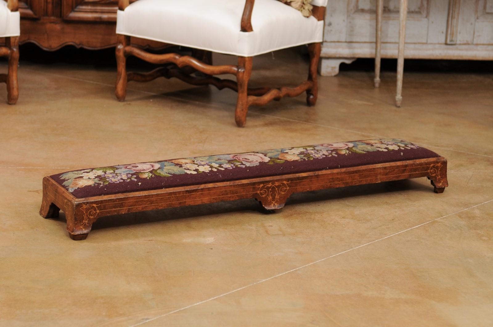 French 1860s Napoléon III Period Long Needlepoint Footstool with Floral Décor 5
