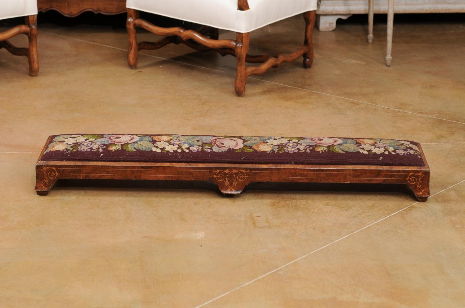 French 1860s Napoléon III Period Long Needlepoint Footstool with Floral Décor 6