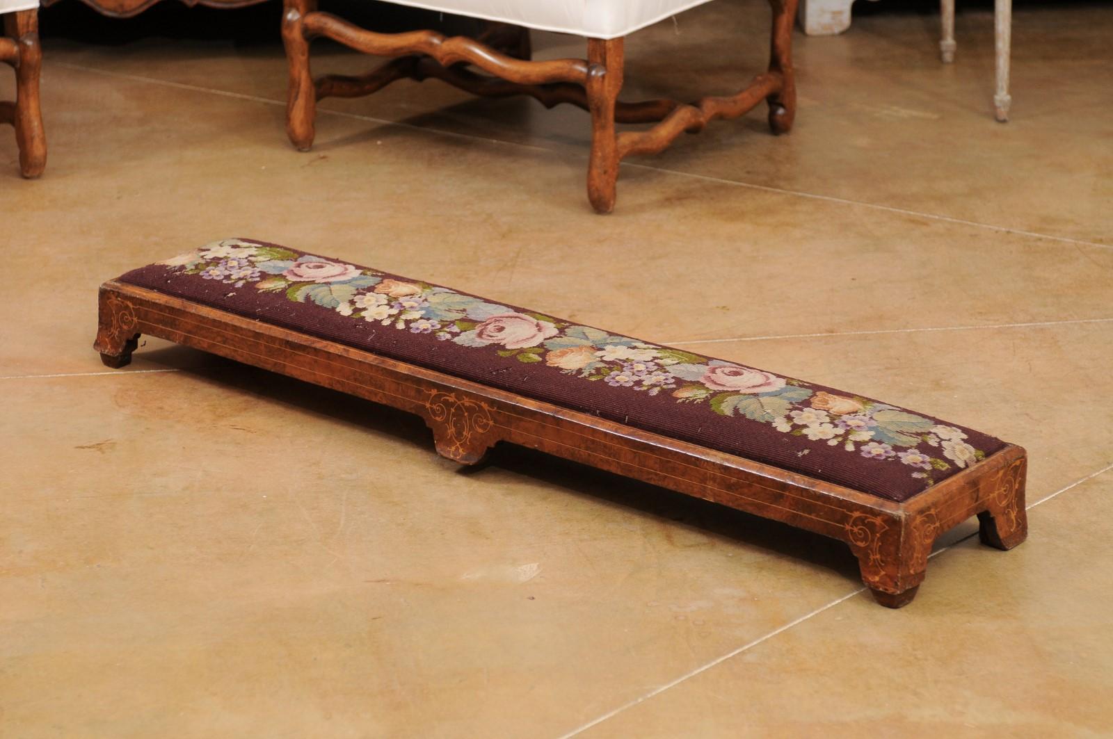 French 1860s Napoléon III Period Long Needlepoint Footstool with Floral Décor 7