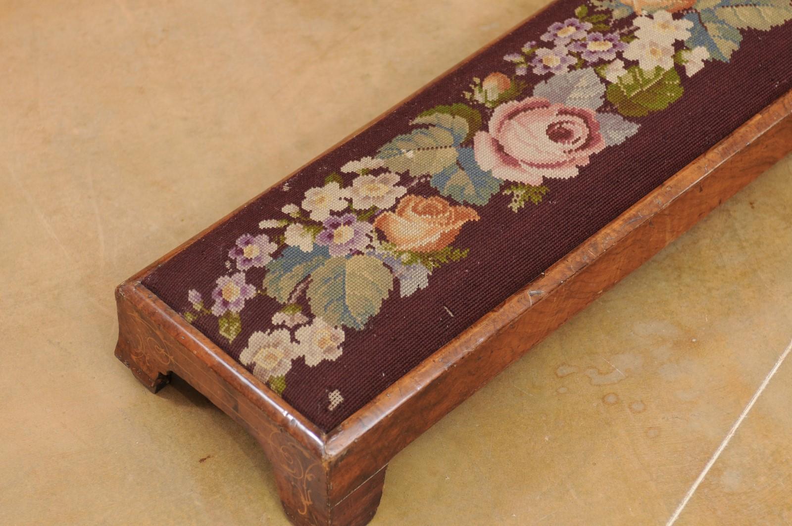 19th Century French 1860s Napoléon III Period Long Needlepoint Footstool with Floral Décor
