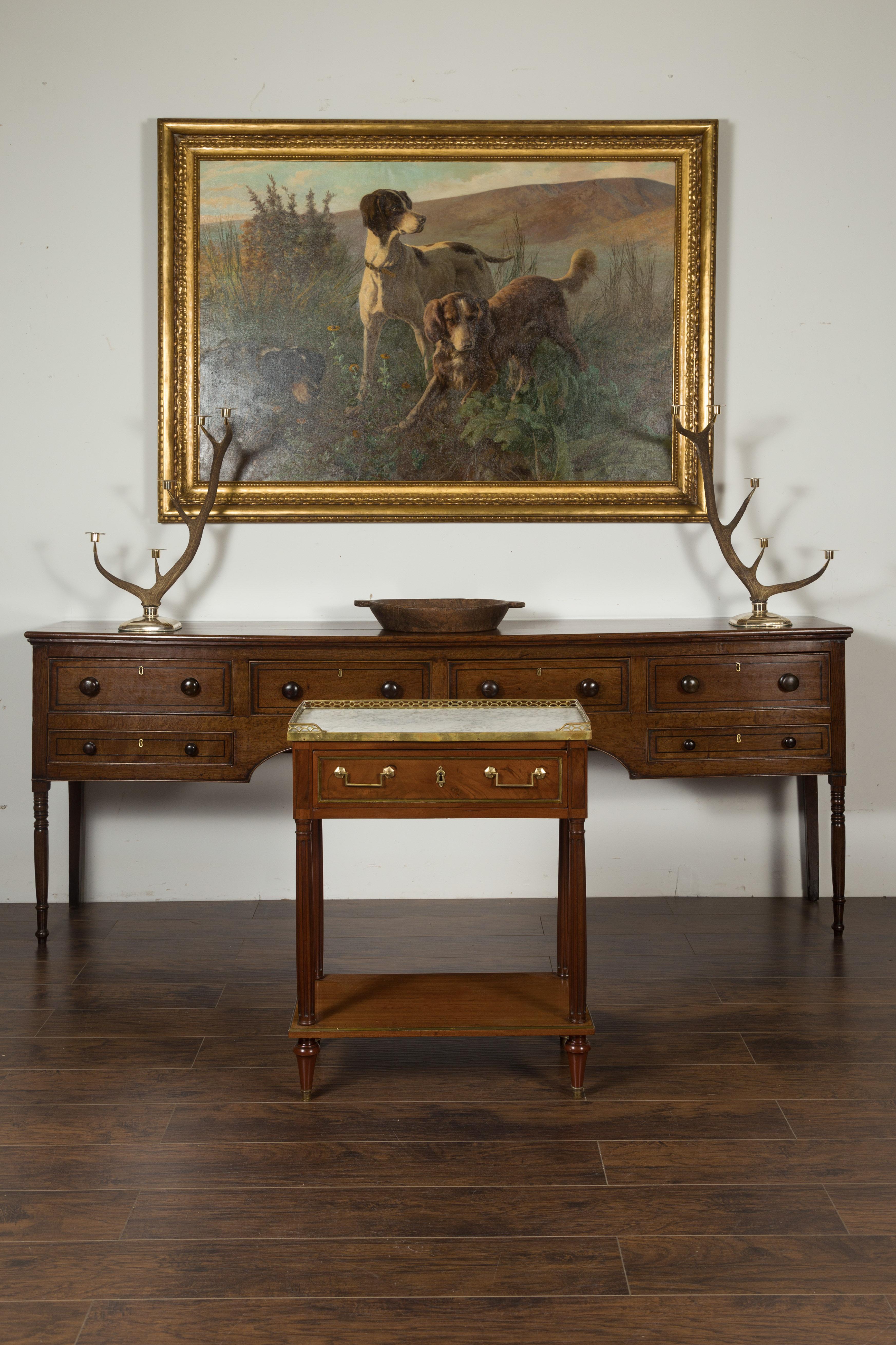 Veneer French 1860s Napoleon III Period Mahogany and Brass Marble Top Console Table