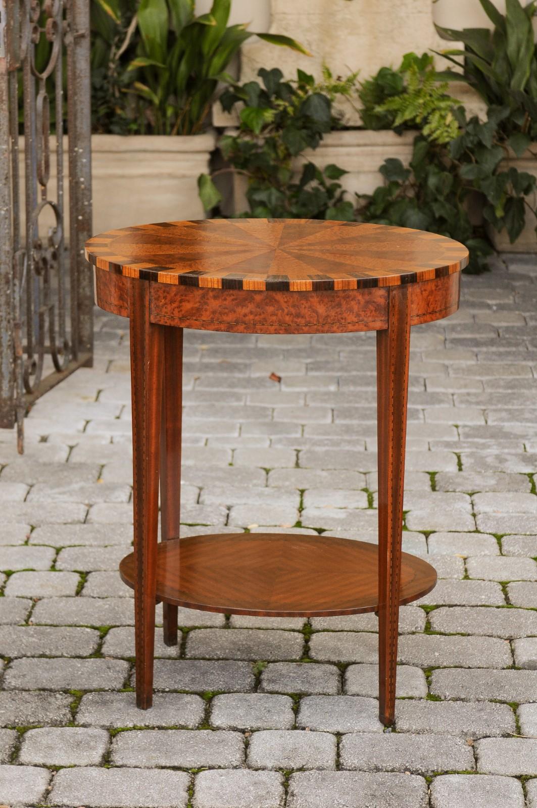 French Oval Walnut Side Table with Inlaid Radiating Motifs and Lower Shelf 1860s 4