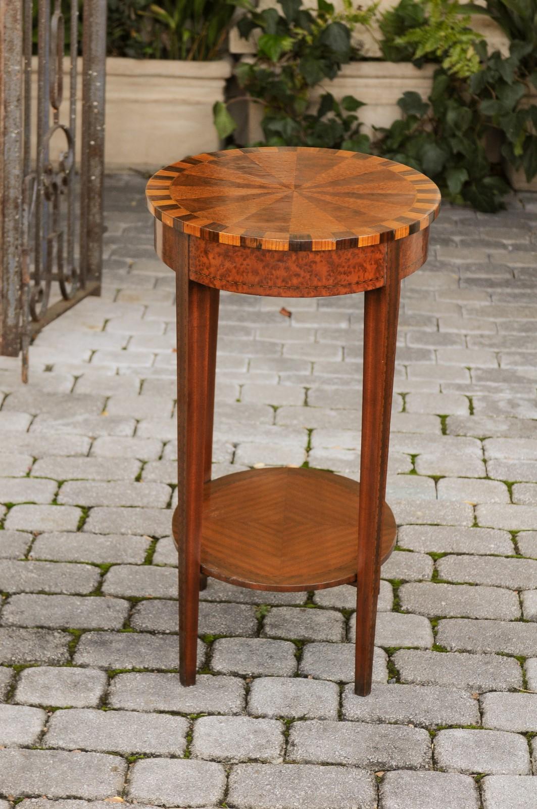 French Oval Walnut Side Table with Inlaid Radiating Motifs and Lower Shelf 1860s 5