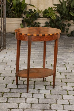 French Oval Walnut Side Table with Inlaid Radiating Motifs and Lower Shelf 1860s