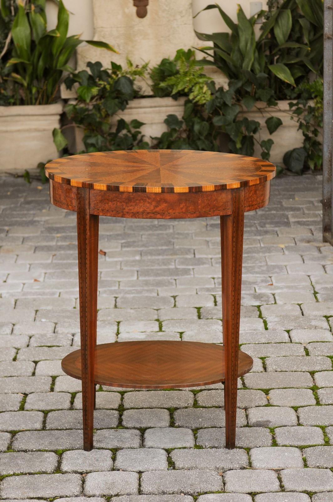 French Oval Walnut Side Table with Inlaid Radiating Motifs and Lower Shelf 1860s 2