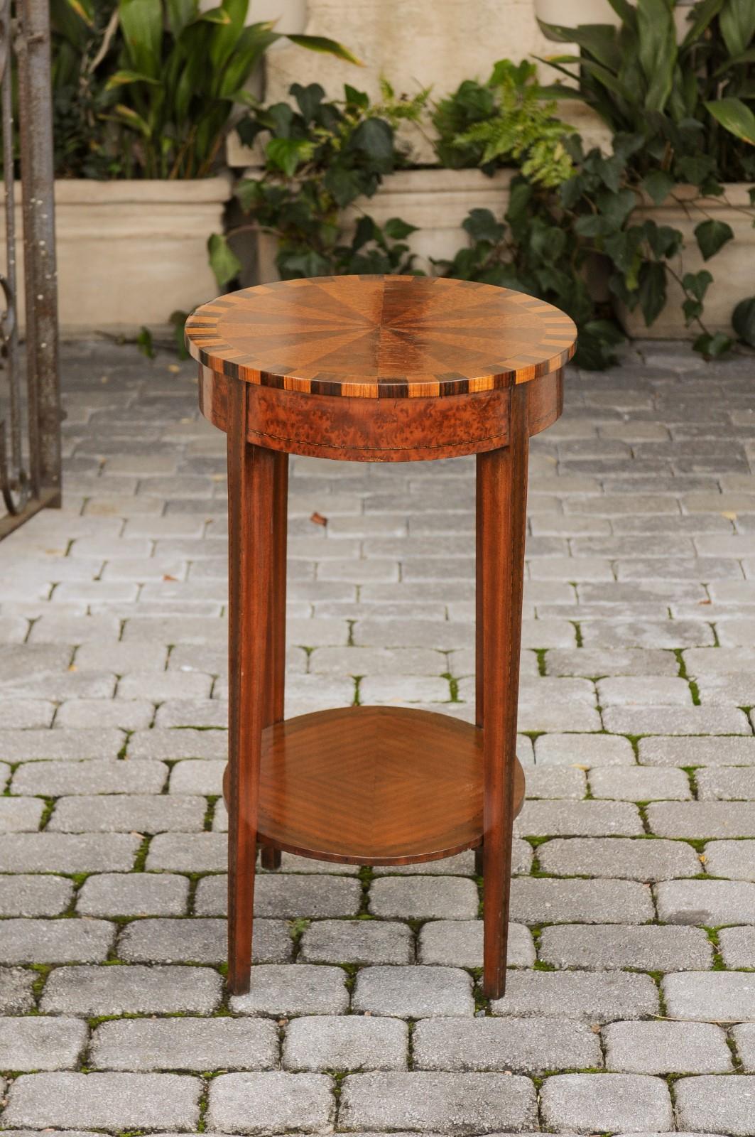 French Oval Walnut Side Table with Inlaid Radiating Motifs and Lower Shelf 1860s 3