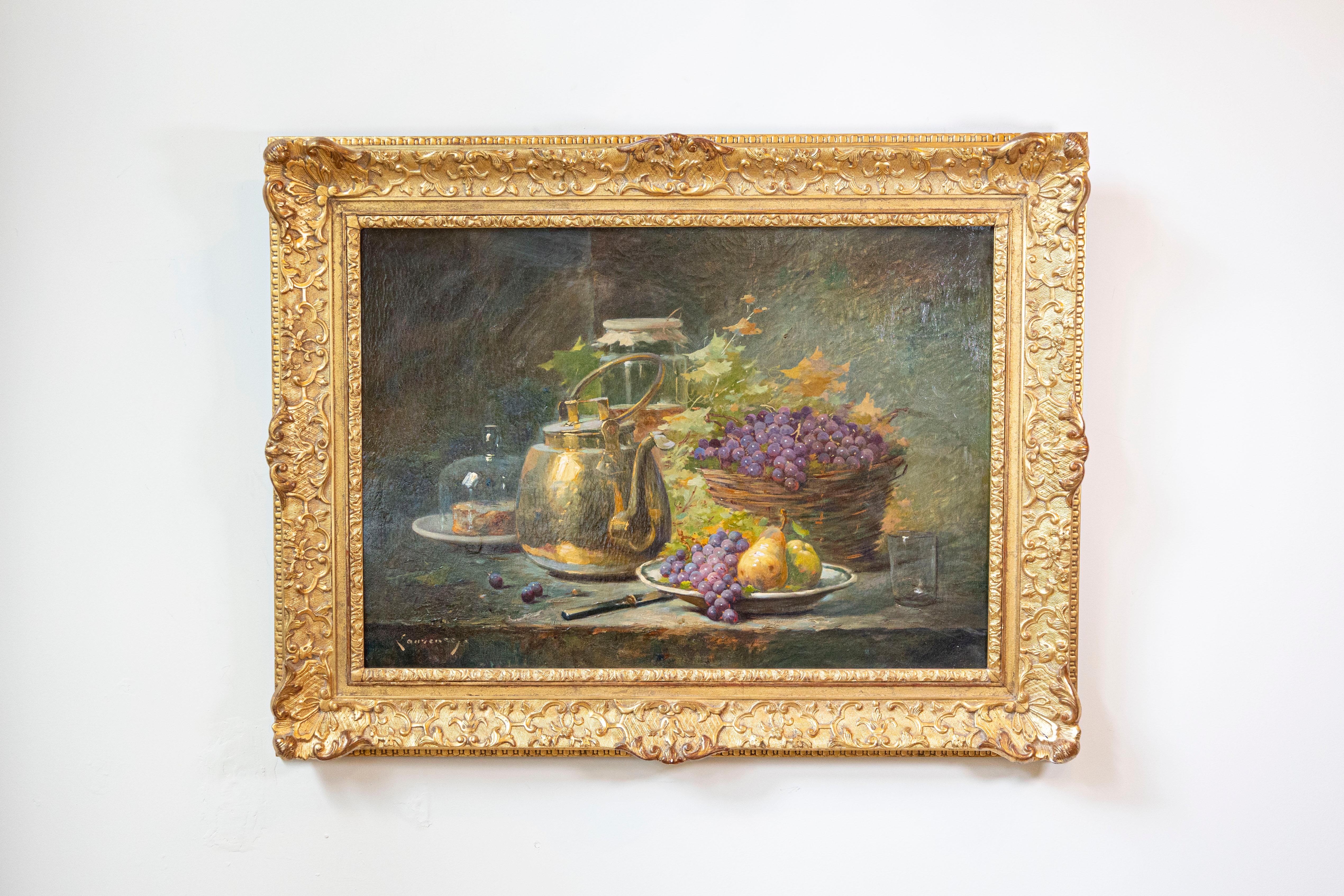 A French still-life painting by Agénorie Monique Laurenceau (1830-1907) from the second half of the 19th century, set inside a carved giltwood frame. This exquisite French still-life painting features the sustenance prepared either for a breakfast
