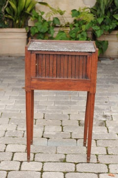 French 1860s Walnut Side Table with Tambour Door, Marble Top and Tapered Legs