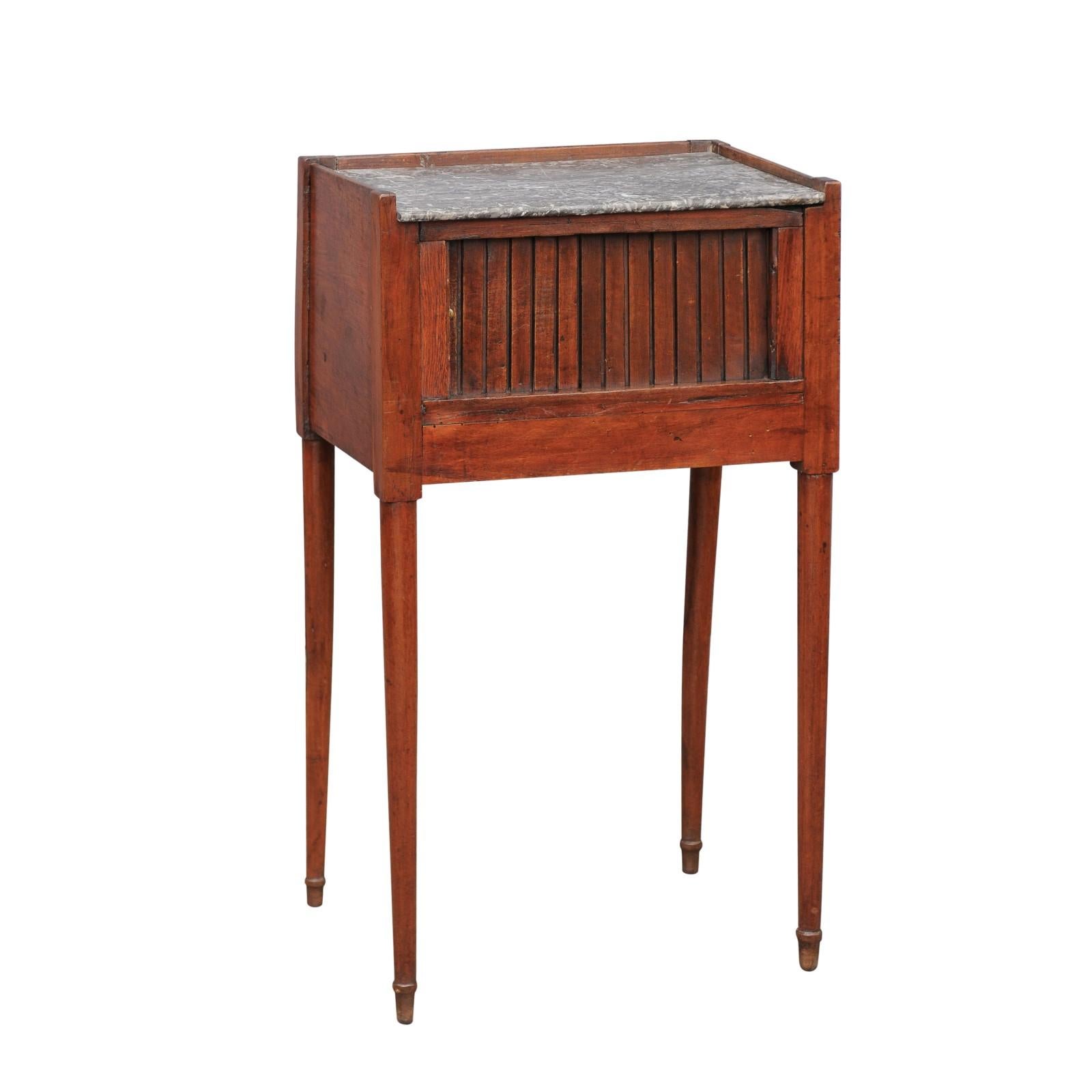 French 1860s Walnut Side Table with Tambour Door, Marble Top and Tapered Legs