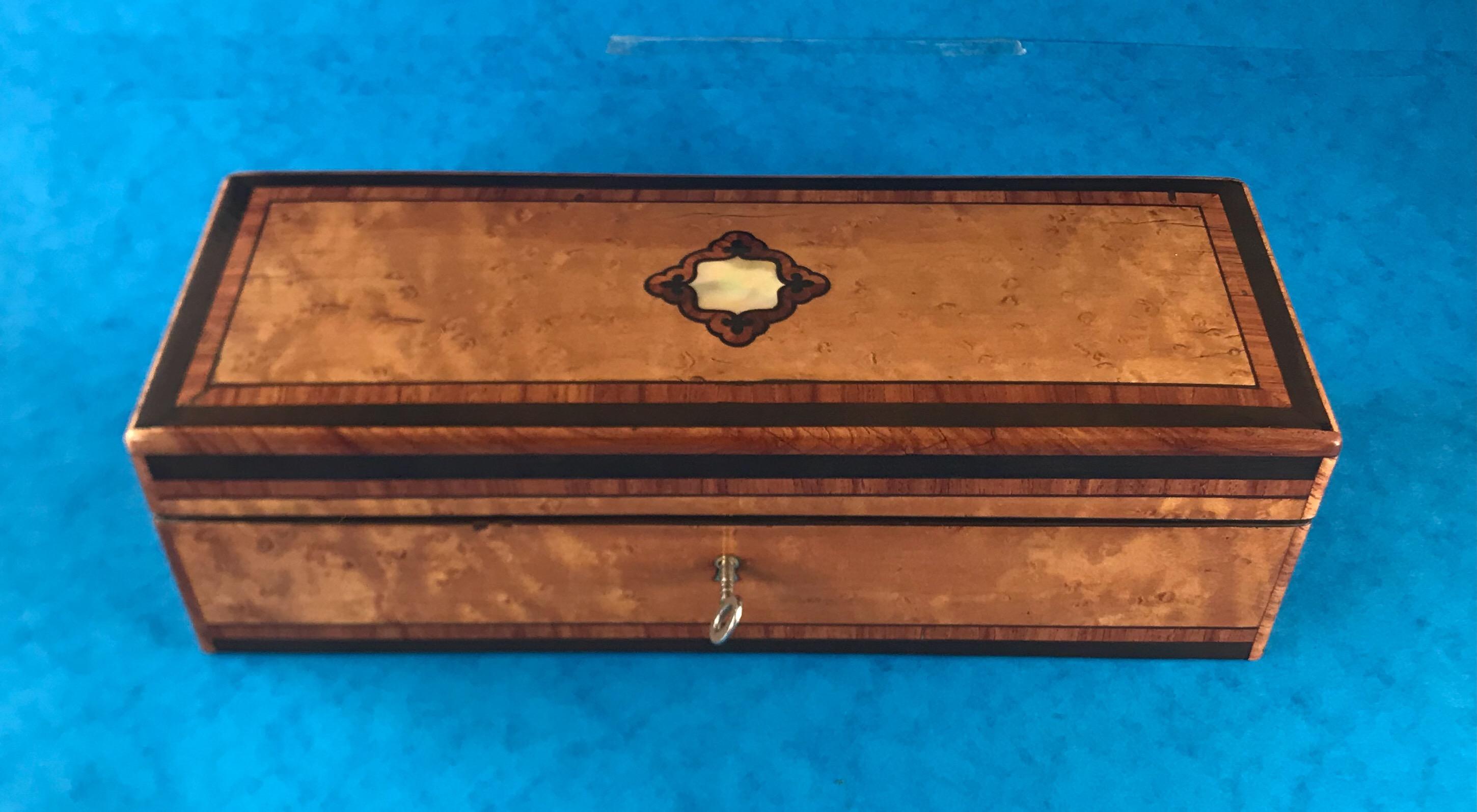 Maple French 1870 Burr maple Tulipwood cross banded ebony inlaid glove box