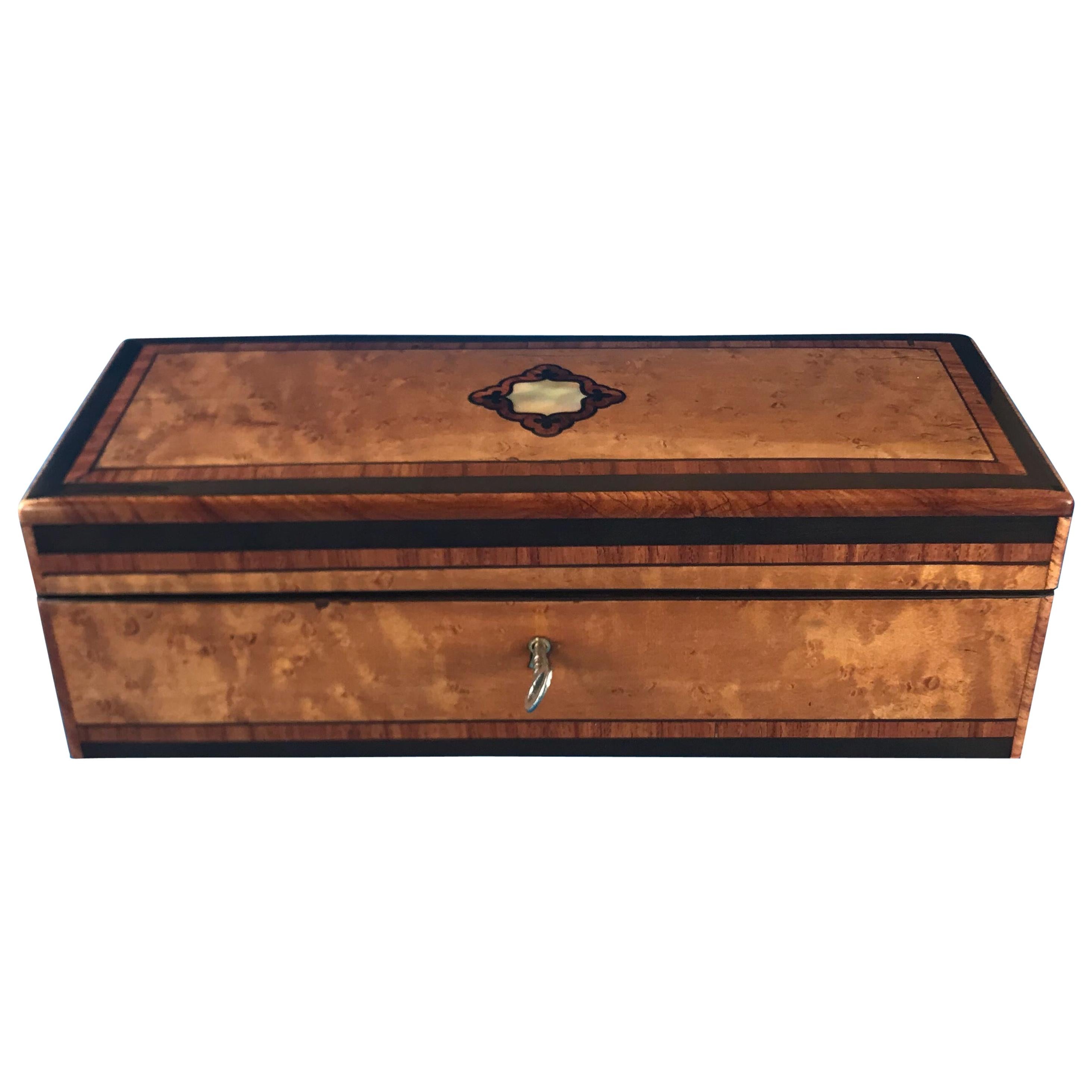 French 1870 Burr maple Tulipwood cross banded ebony inlaid glove box