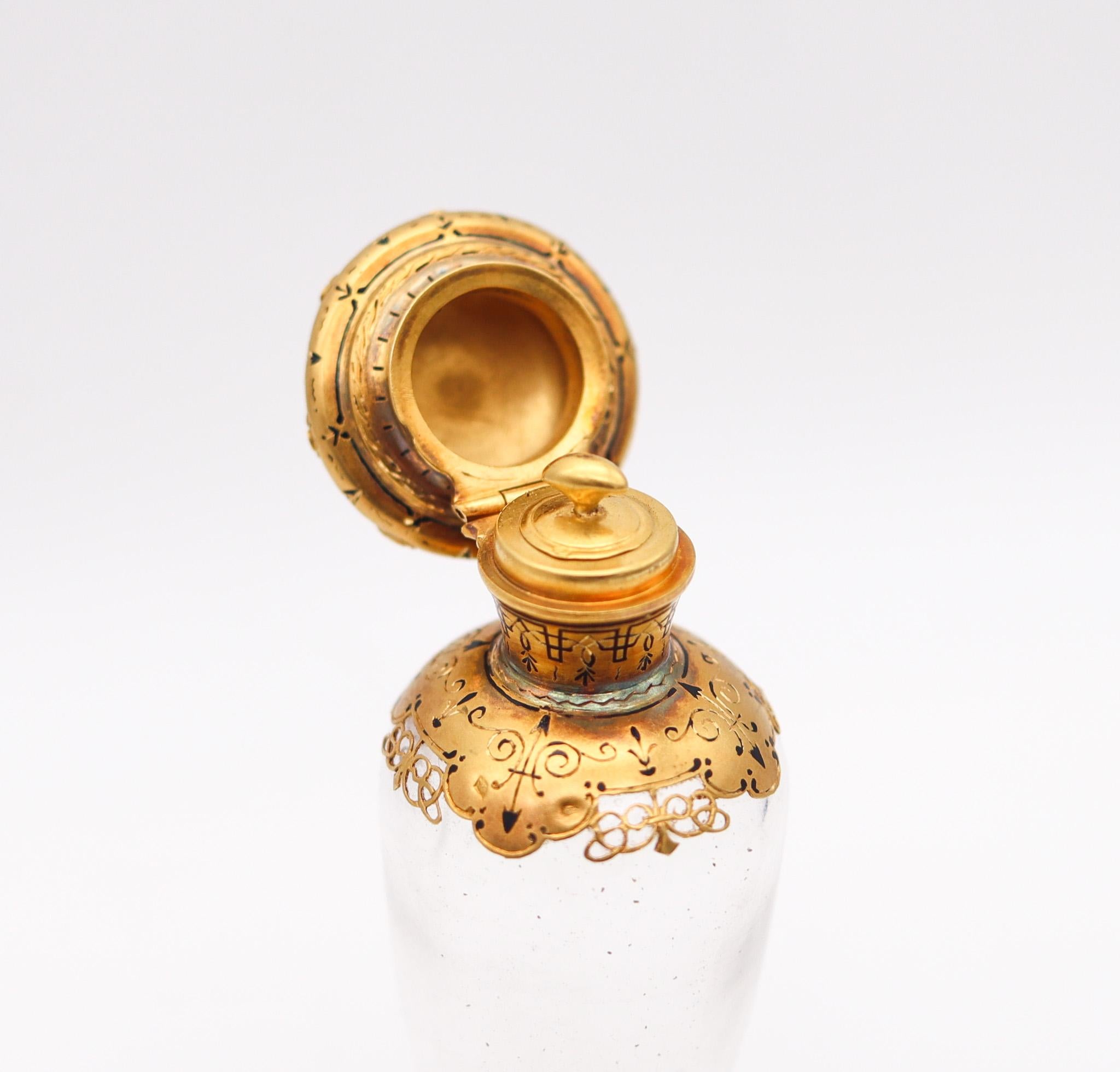 French 1870 Napoleon III Perfume Bottle Mount In 18Kt Yellow Gold With Gemstones For Sale 2