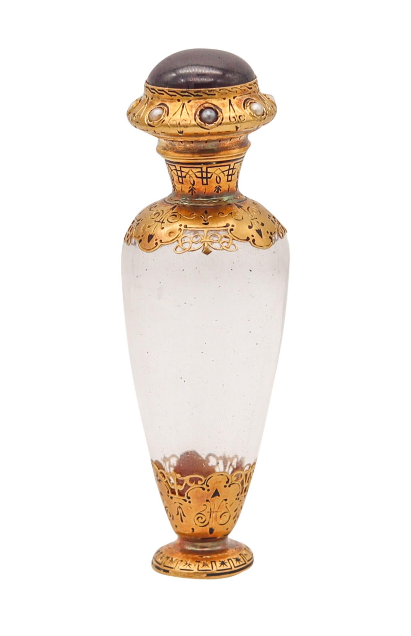 French 1870 Napoleon III Perfume Bottle Mount In 18Kt Yellow Gold With Gemstones For Sale