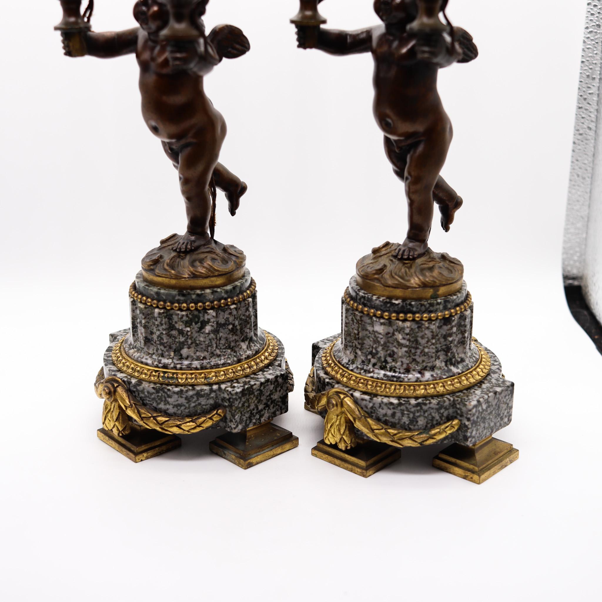 Hand-Carved French 1870 Pair of Empire Candle Holders Lamps Ormolu with Gray Dotted Granite For Sale