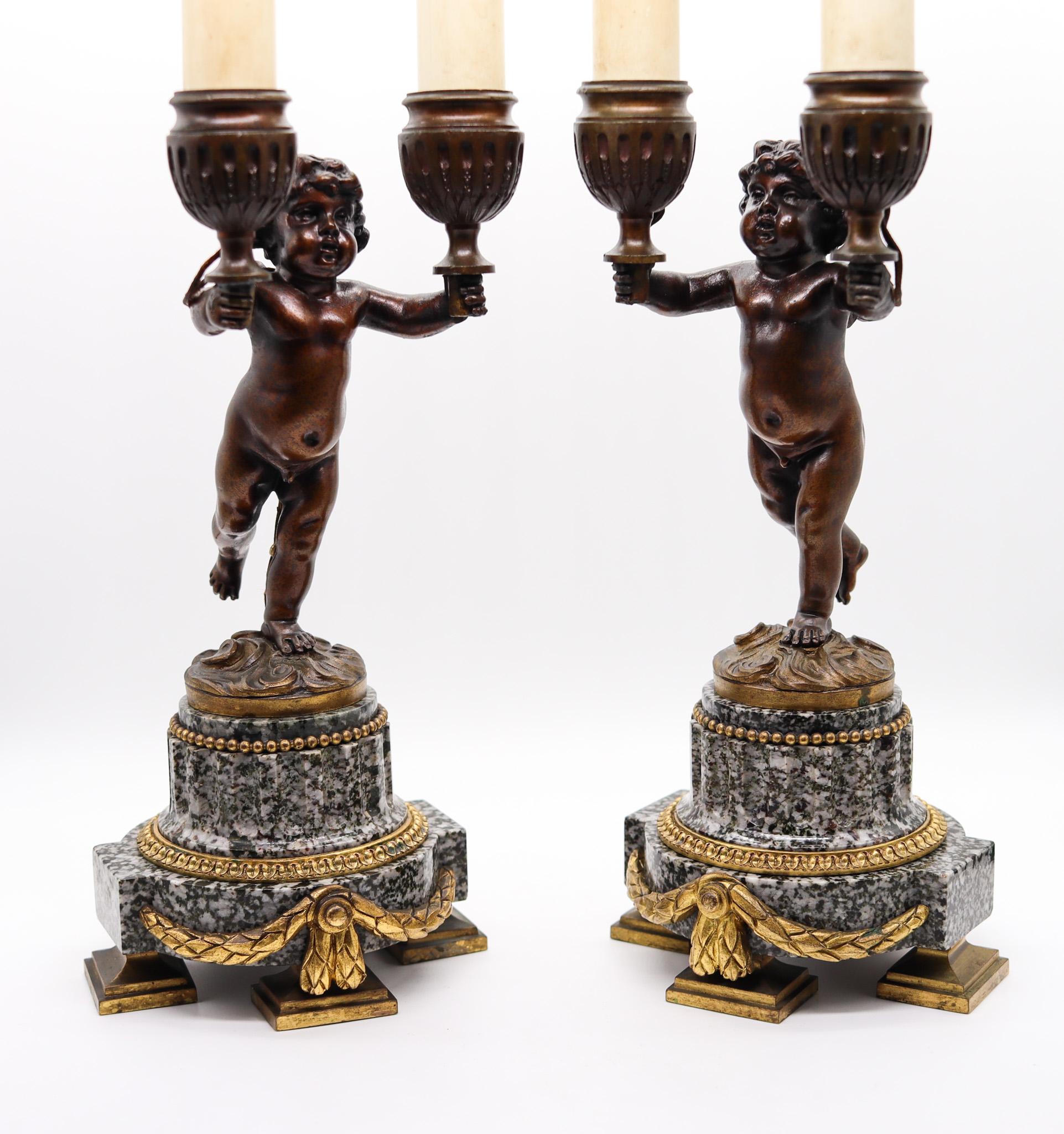 Late 19th Century French 1870 Pair of Empire Candle Holders Lamps Ormolu with Gray Dotted Granite For Sale