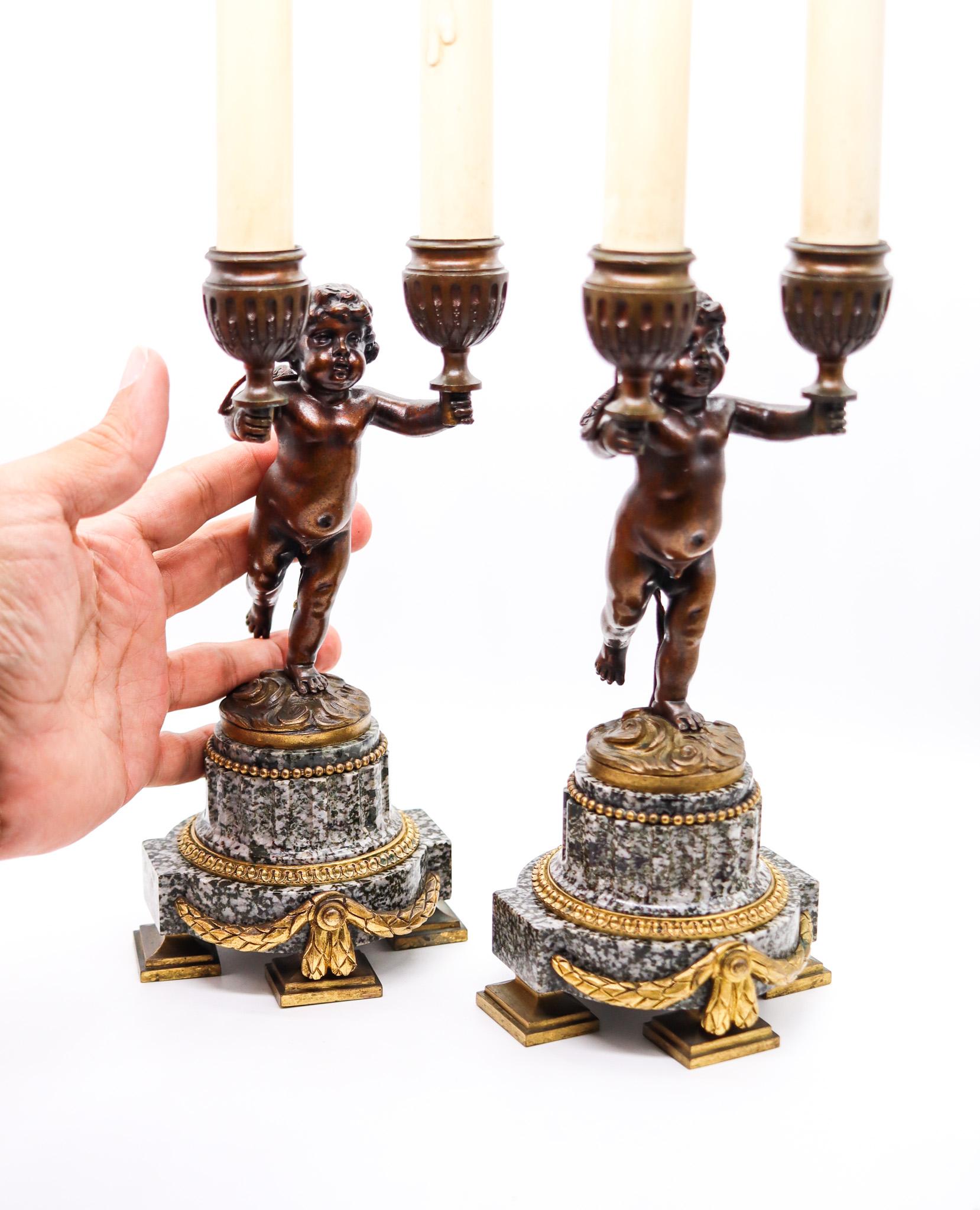 Bronze French 1870 Pair of Empire Candle Holders Lamps Ormolu with Gray Dotted Granite For Sale