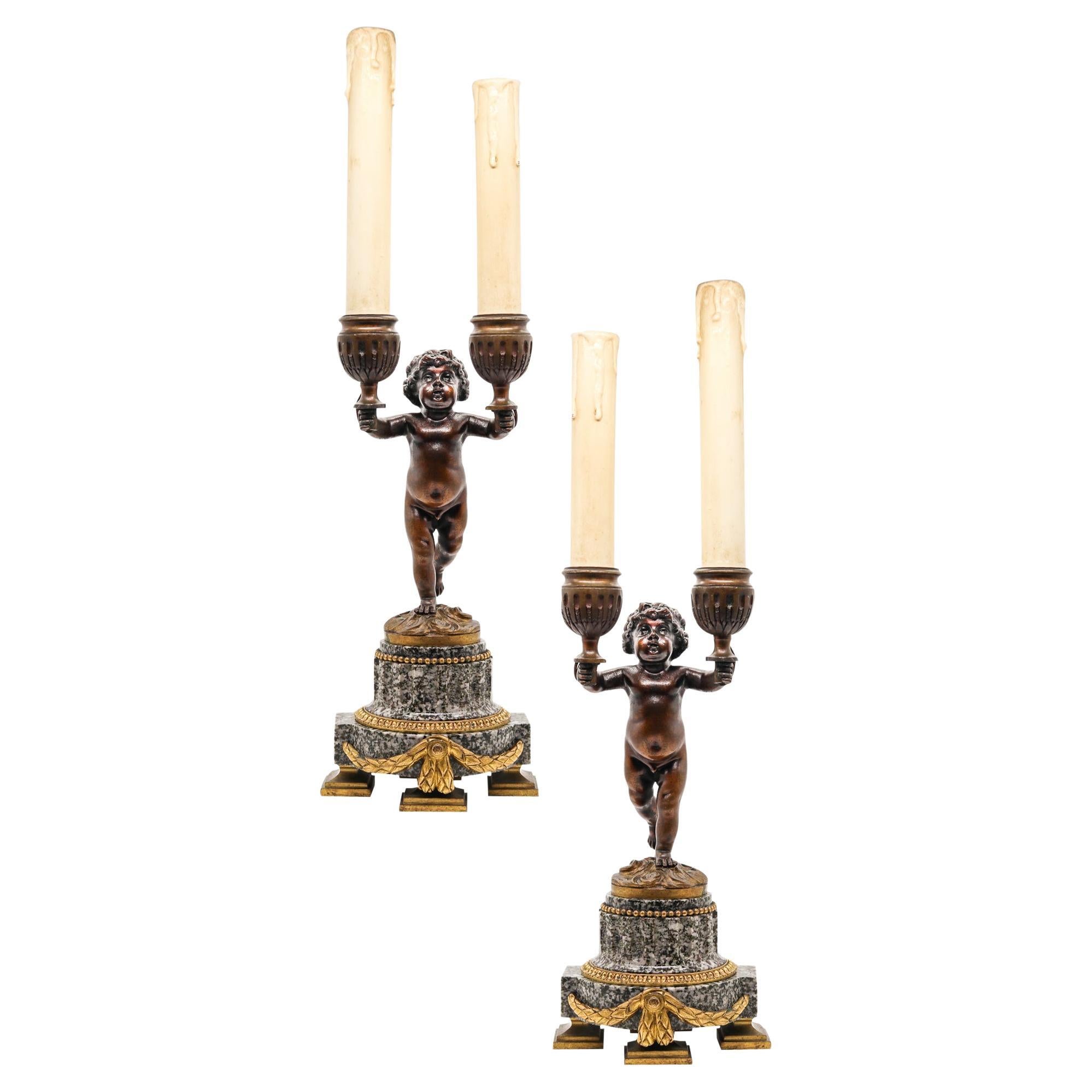 French 1870 Pair of Empire Candle Holders Lamps Ormolu with Gray Dotted Granite For Sale