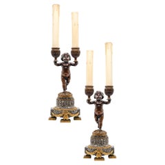 French 1870 Pair of Empire Candle Holders Lamps Ormolu with Gray Dotted Granite