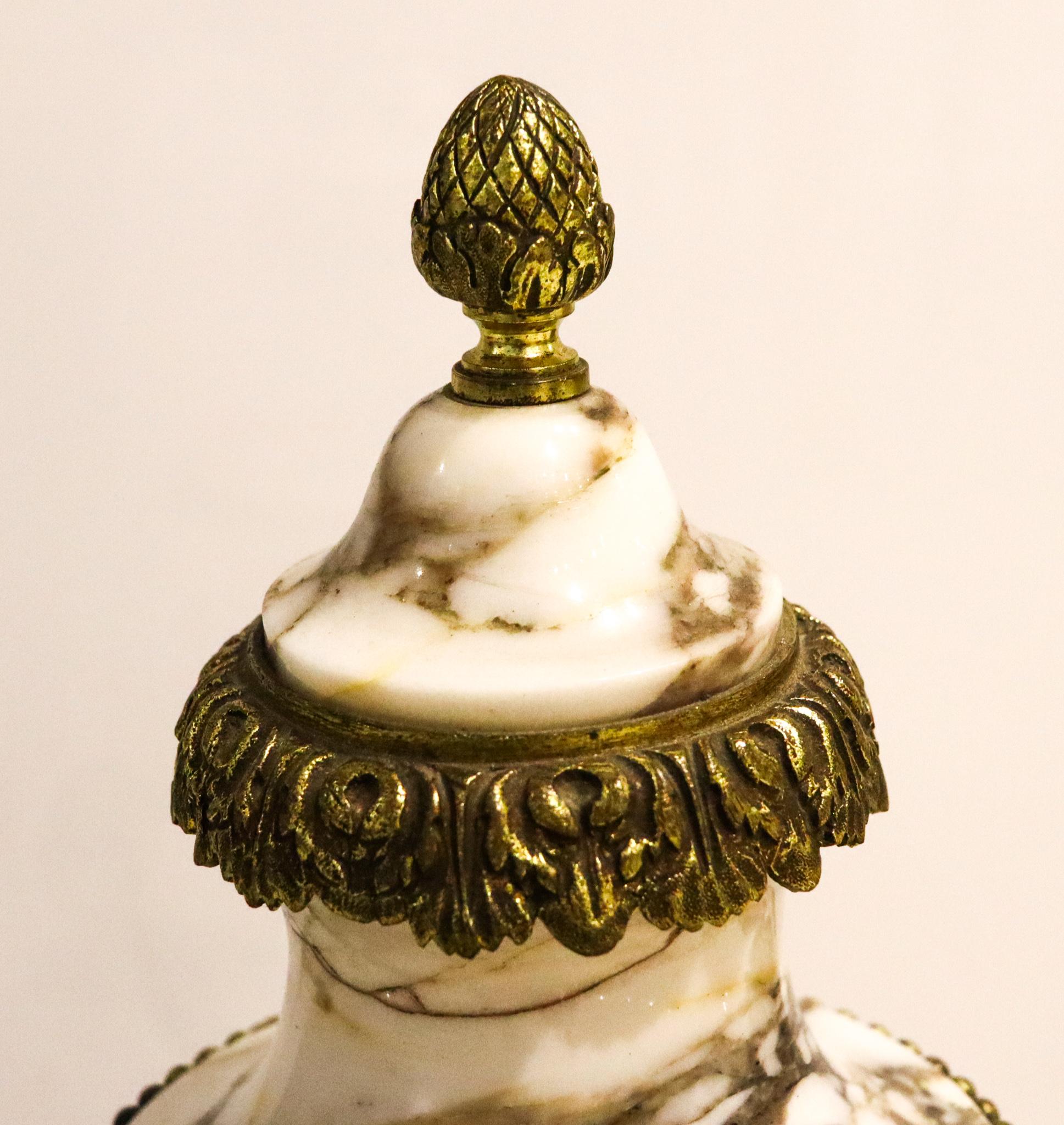 Bronze French 1870 Third Empire Napoleon III Pair of Urns in Marble with Gilded Ormolu For Sale