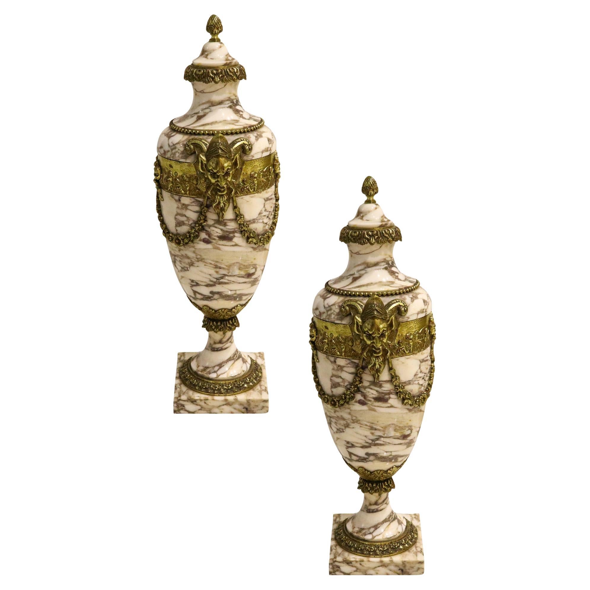 French 1870 Third Empire Napoleon III Pair of Urns in Marble with Gilded Ormolu