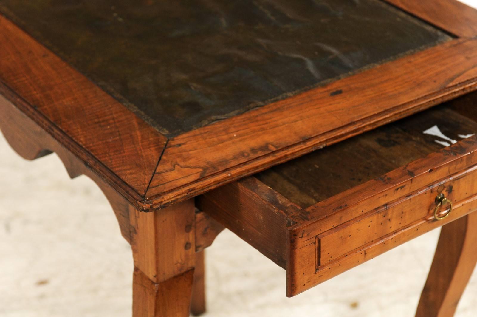 19th Century French 1870s Black Leather Top Louis XV Style Side Table with Cabriole Legs