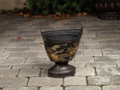 French 1870s Black Painted Tôle Bucket with Gold Chinoiserie Décor and Handle