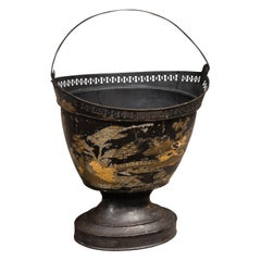 French 1870s Black Painted Tôle Bucket with Gold Chinoiserie Décor and Handle