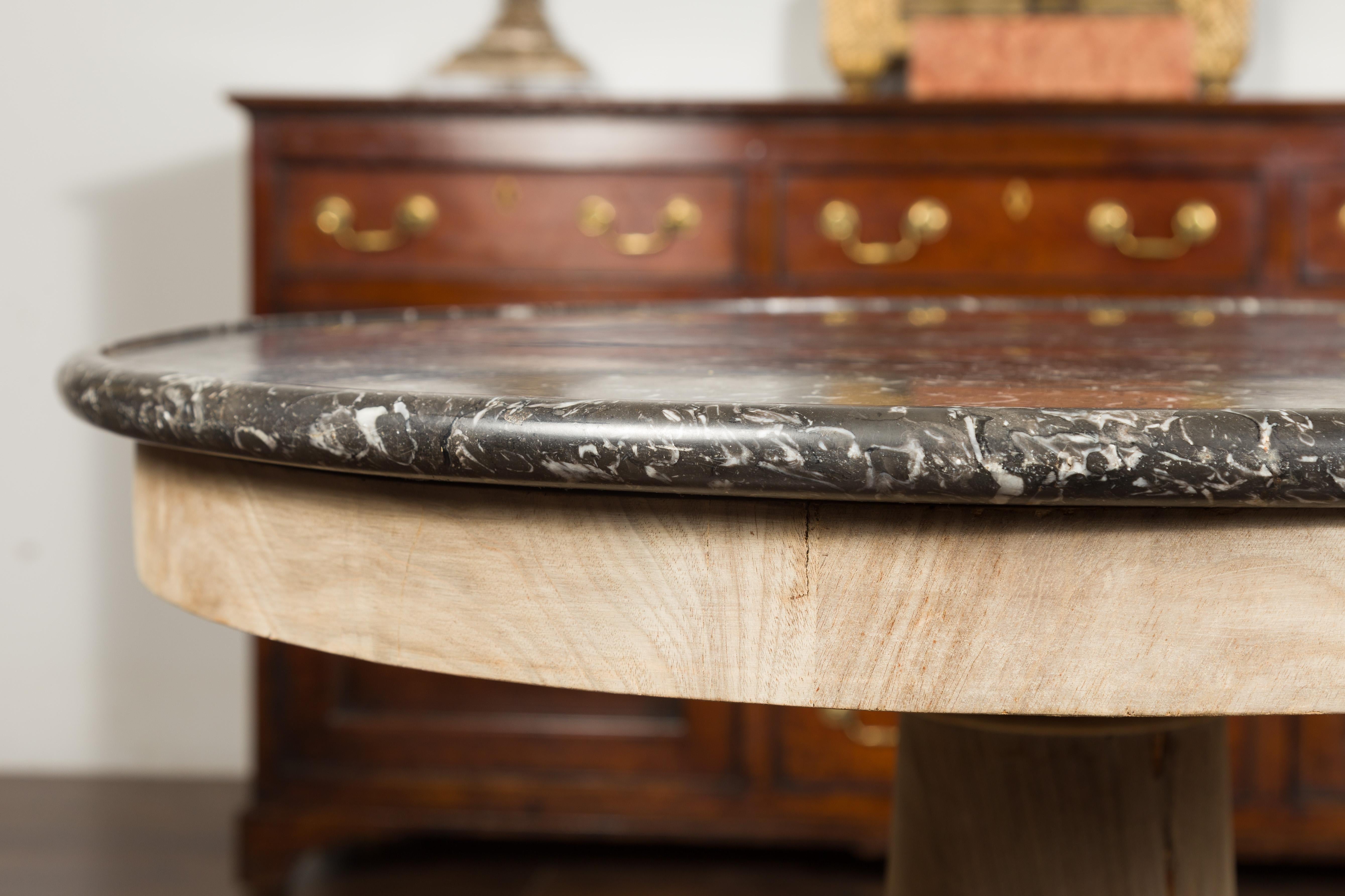 French 1870s Empire Style Bleached Walnut Side Table with Round Grey Marble Top 1