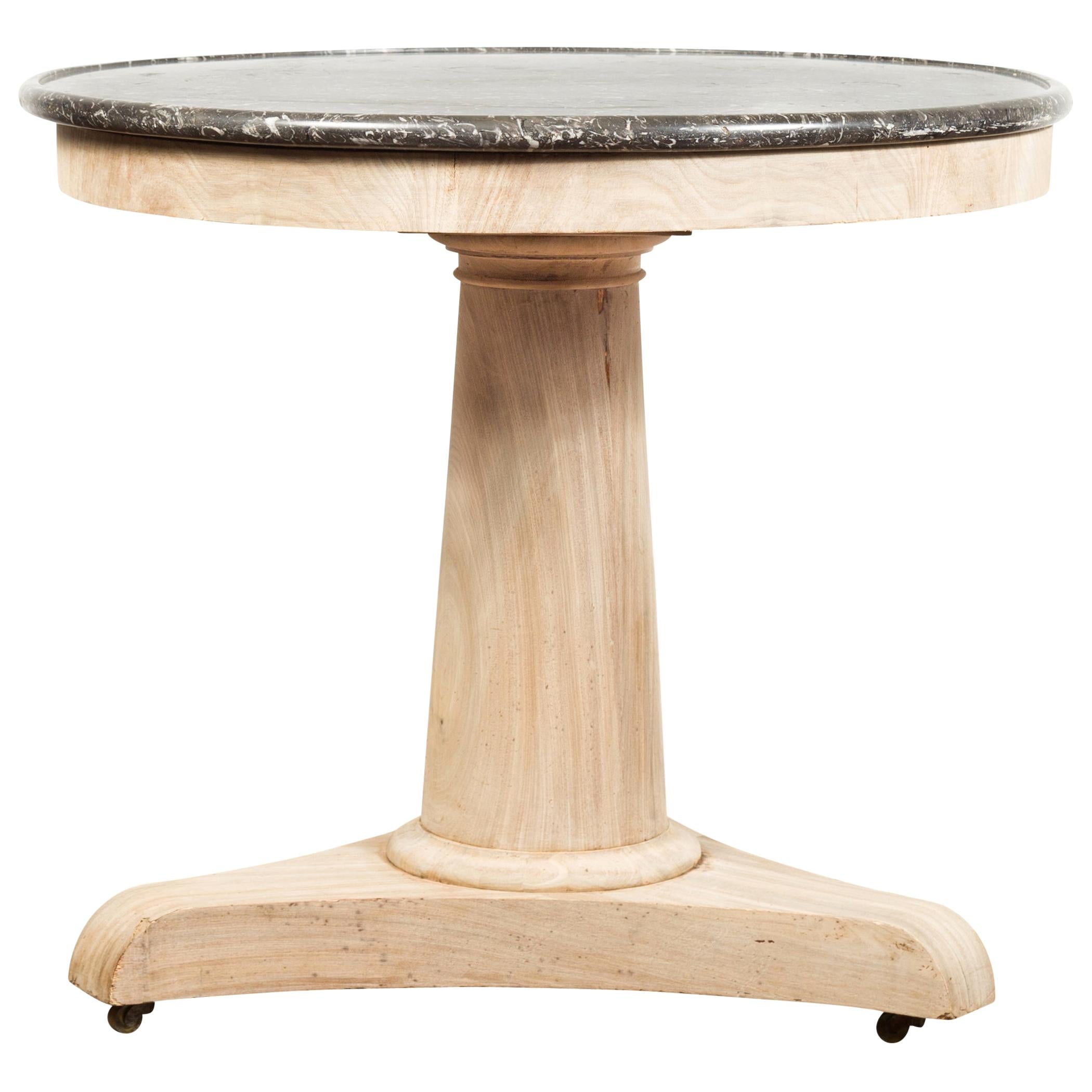 French 1870s Empire Style Bleached Walnut Side Table with Round Grey Marble Top