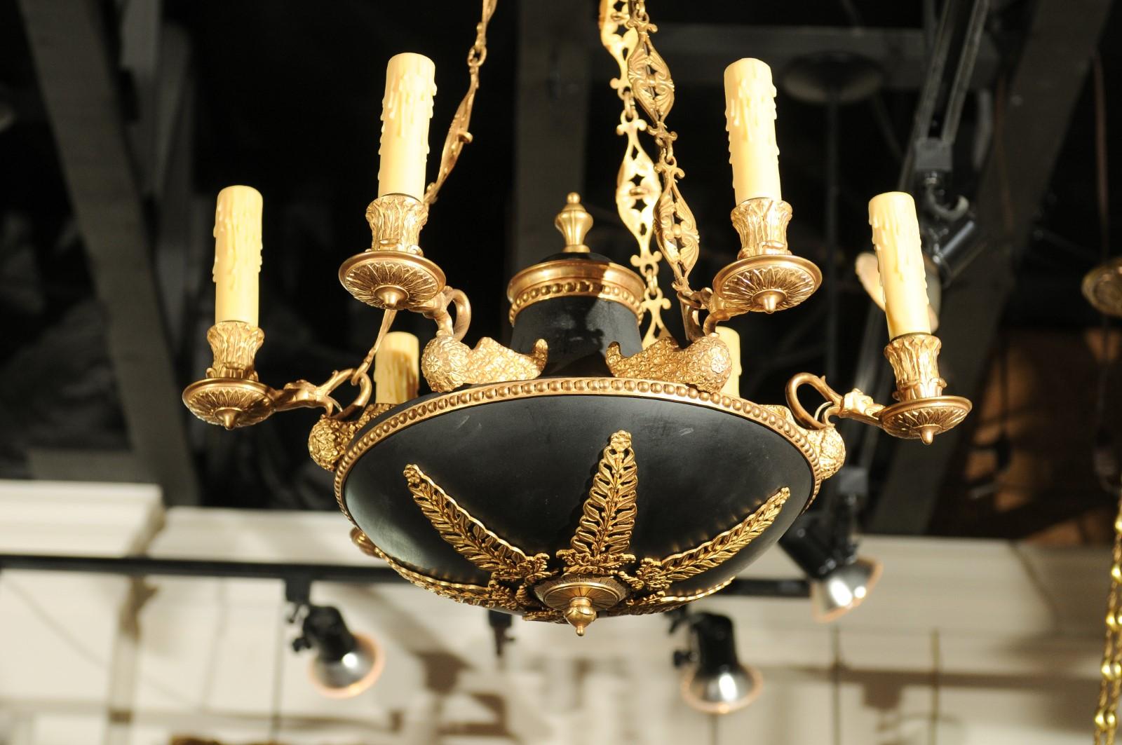 French 1870s Empire Style Bronze and Metal Six-Light Chandelier with Palmettes In Good Condition For Sale In Atlanta, GA