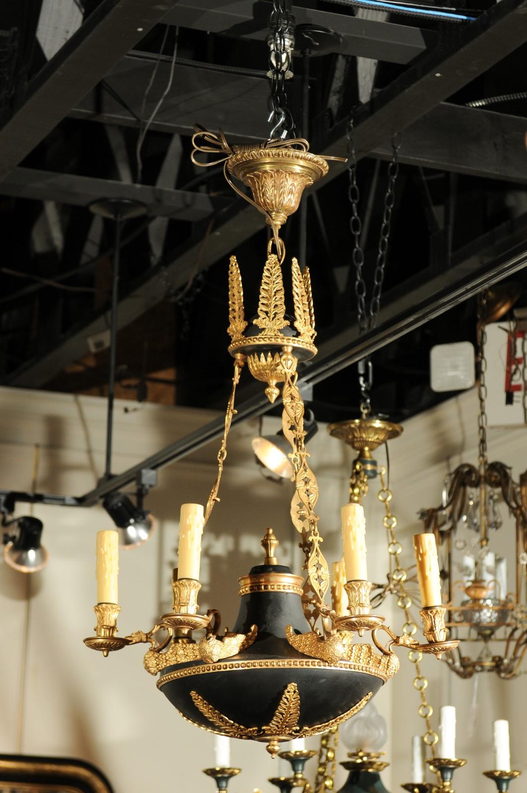 French 1870s Empire Style Bronze and Metal Six-Light Chandelier with Palmettes For Sale 2