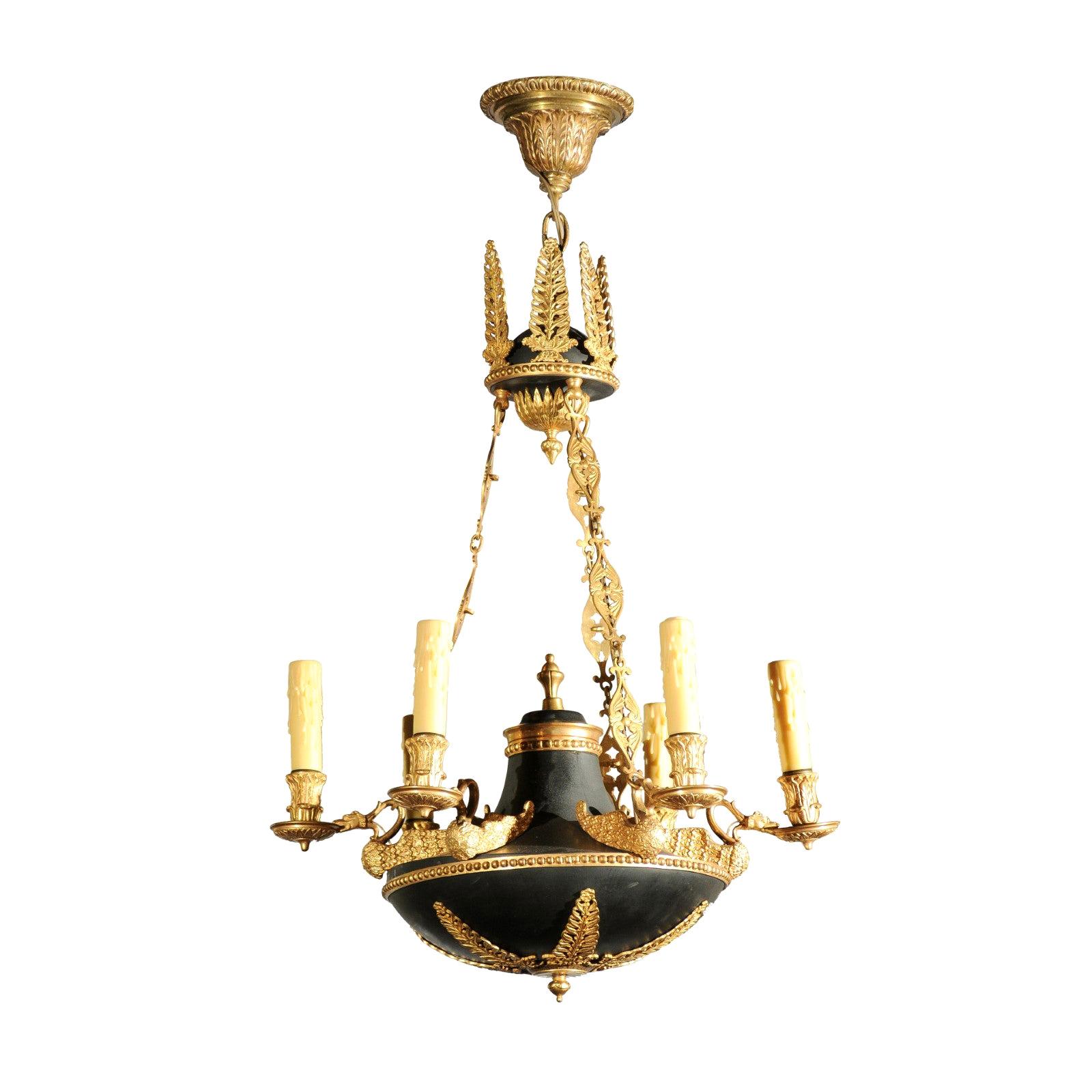 French 1870s Empire Style Bronze and Metal Six-Light Chandelier with Palmettes For Sale