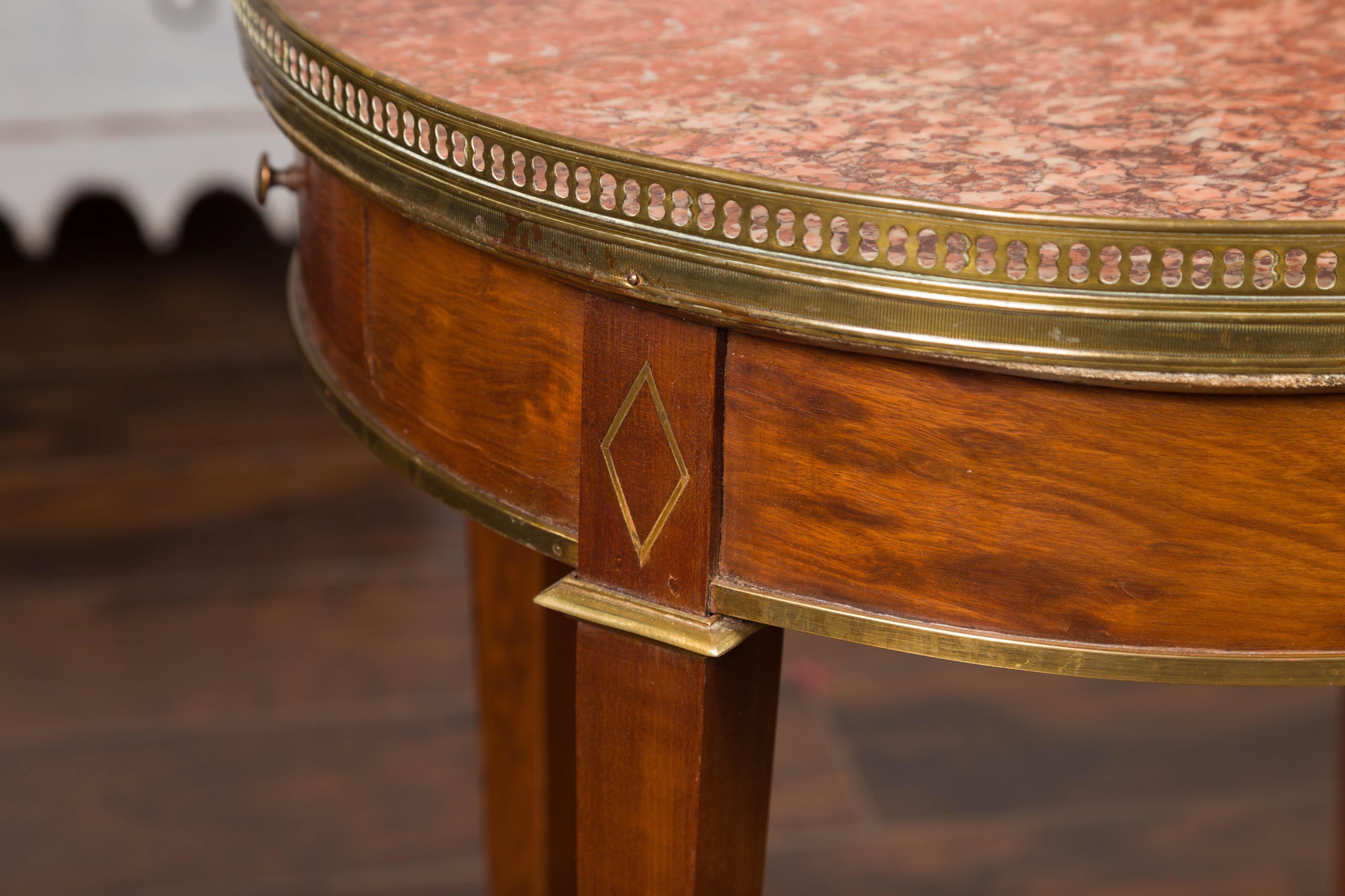 French 1870s Empire Style Round Table with Marble Top, Brass Gallery and Drawer For Sale 6