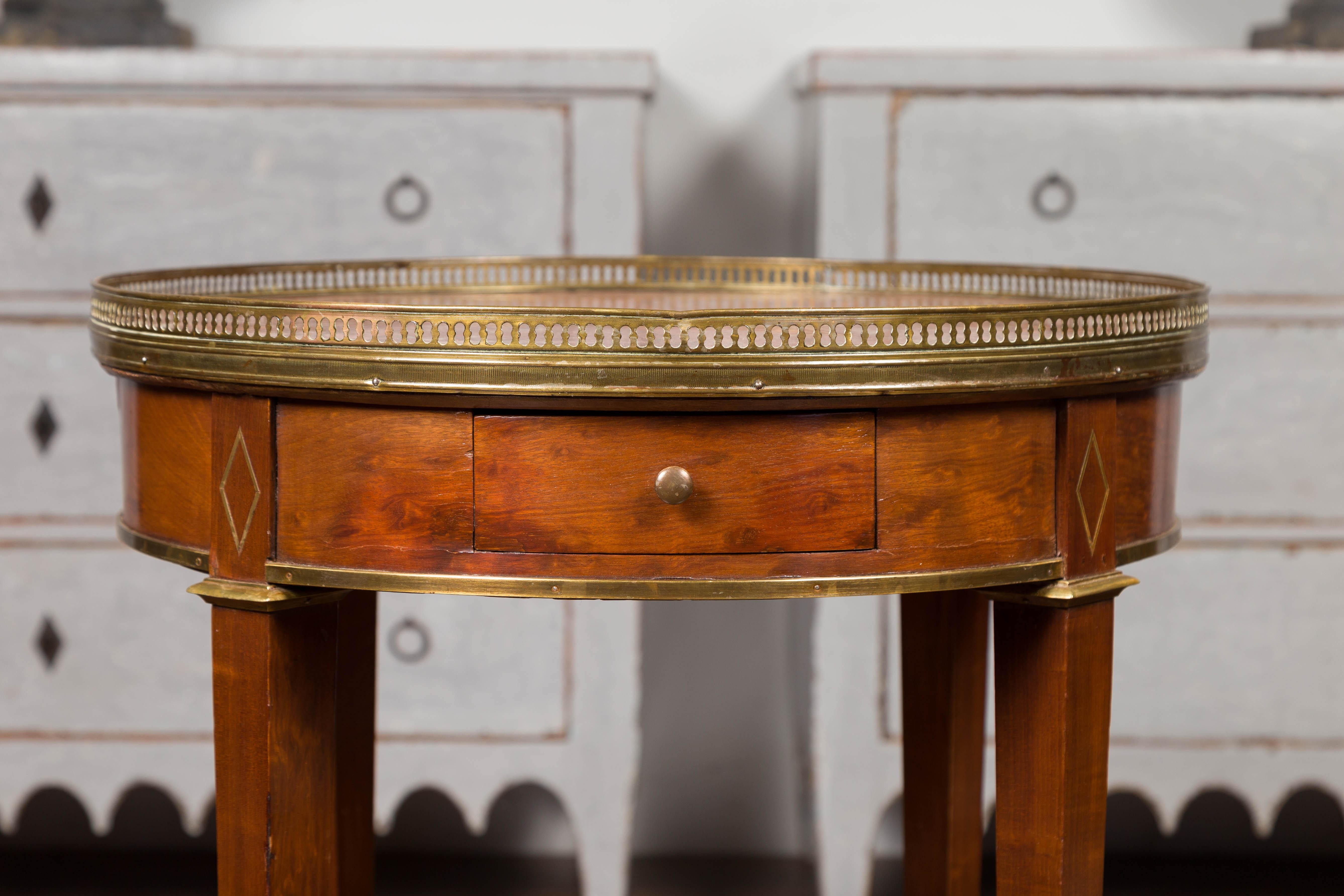 19th Century French 1870s Empire Style Round Table with Marble Top, Brass Gallery and Drawer For Sale