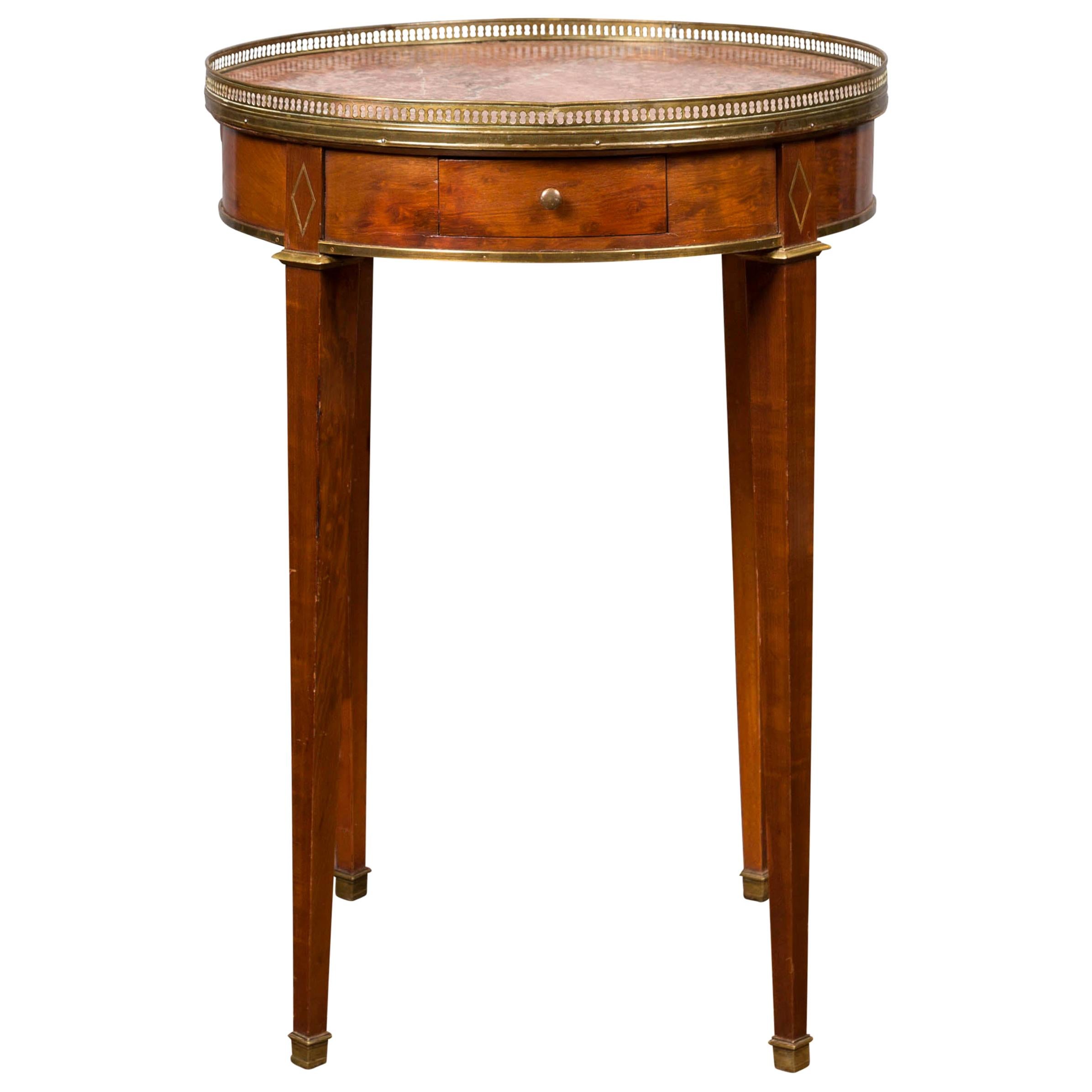 French 1870s Empire Style Round Table with Marble Top, Brass Gallery and Drawer For Sale