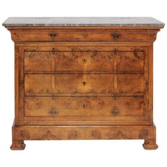 Antique French 1870s Louis-Philippe Burled Walnut Four-Drawer Commode with Marble Top