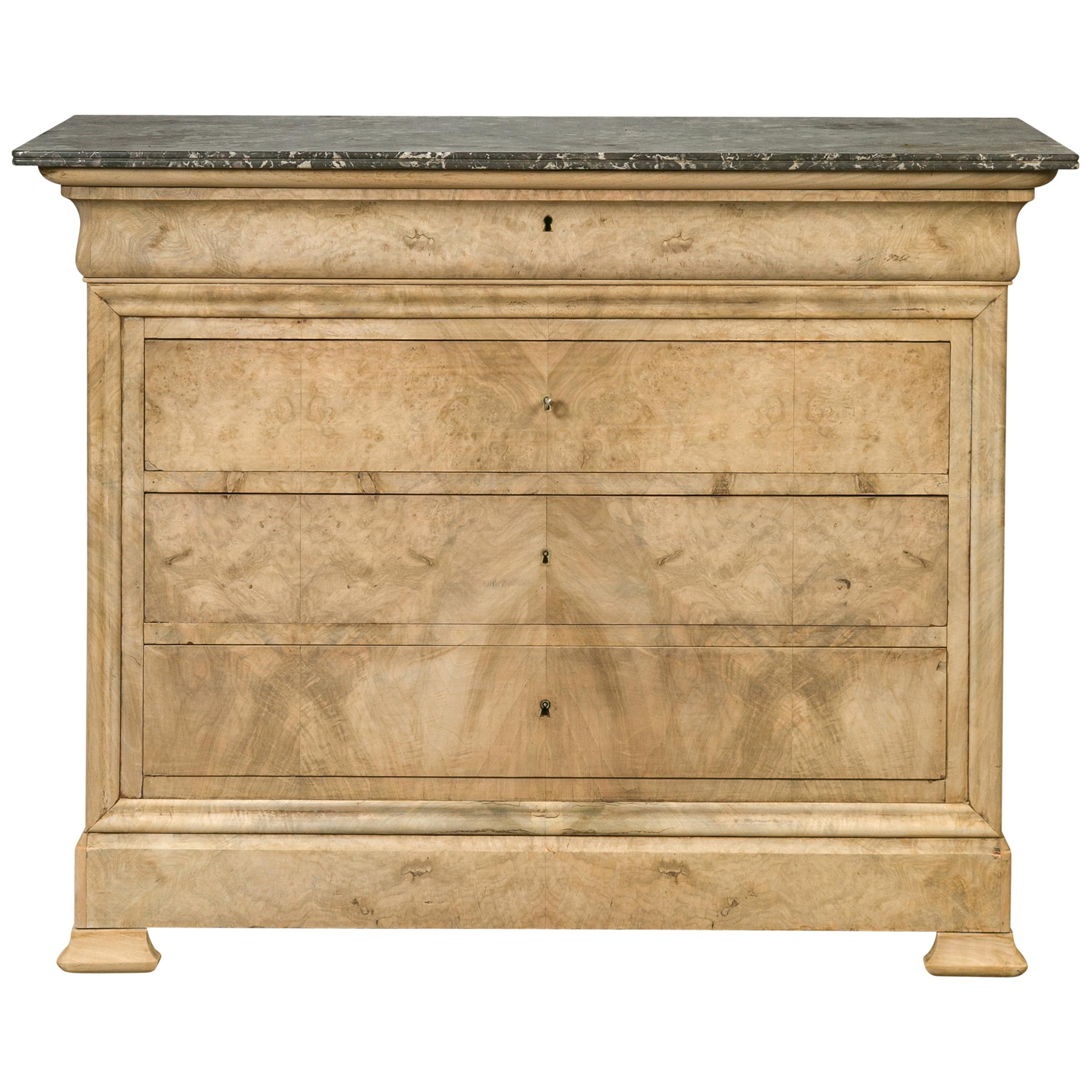 French 1870s Louis-Philippe Style Bleached Burl and Grey Marble-Top Commode