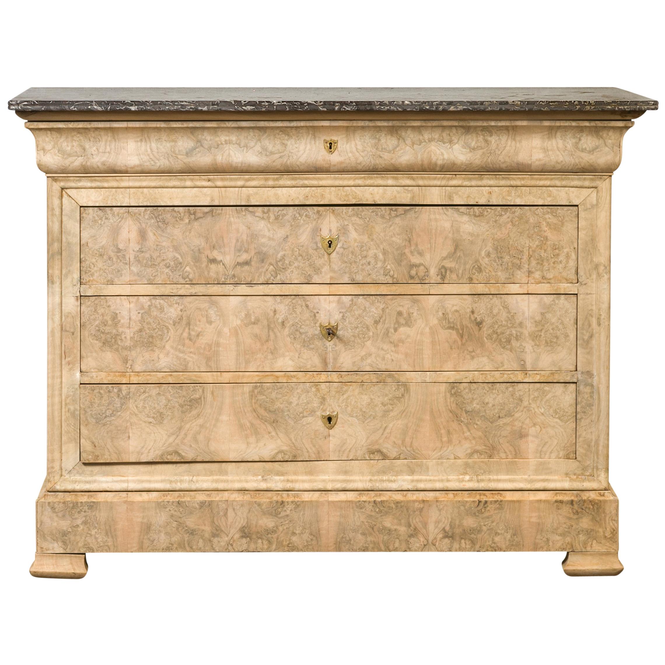 French 1870s Louis-Philippe Style Bleached Burl Veneer Commode with Marble Top