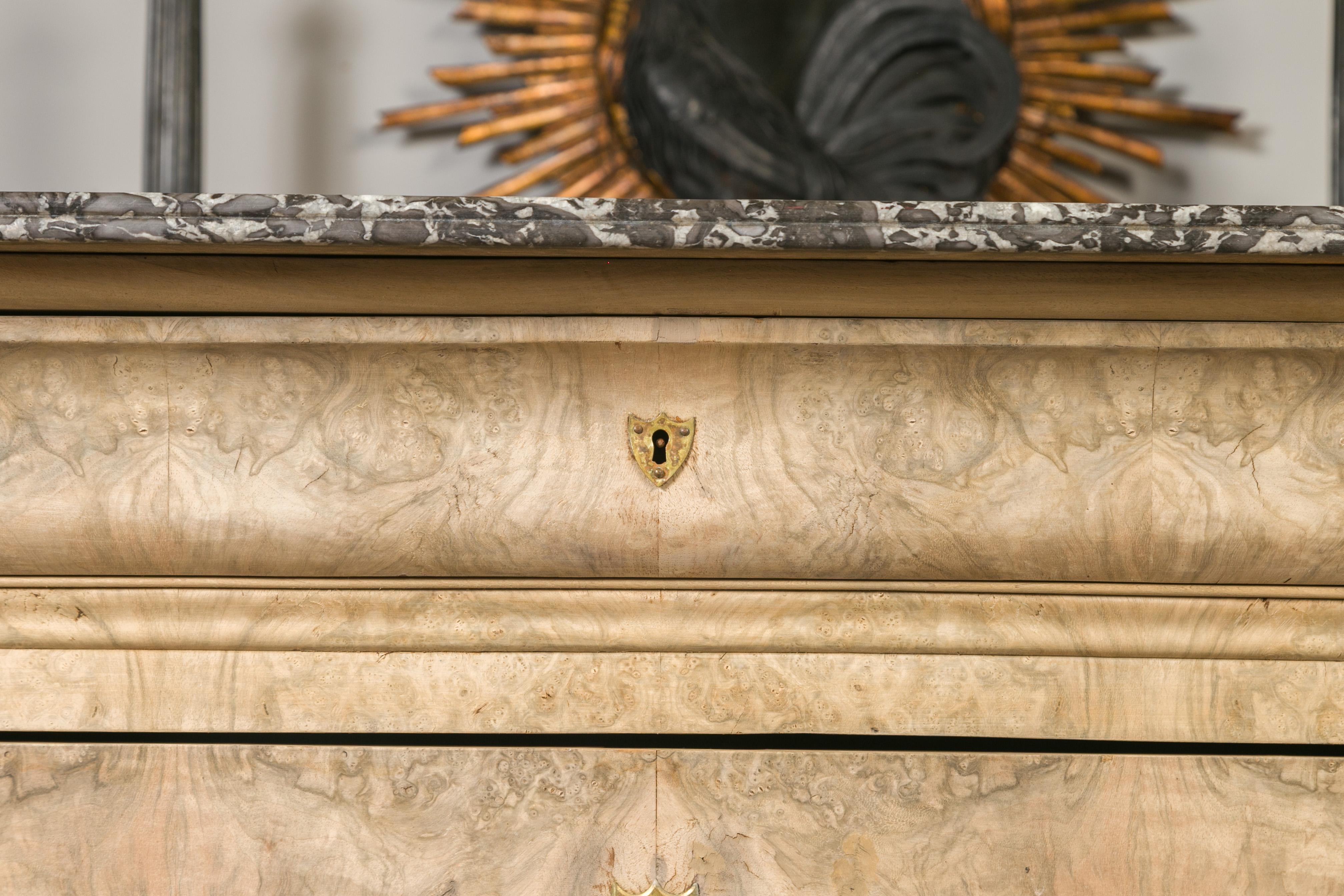 French 1870s Louis-Philippe Style Bleached Burl Veneer Commode with Marble Top 1