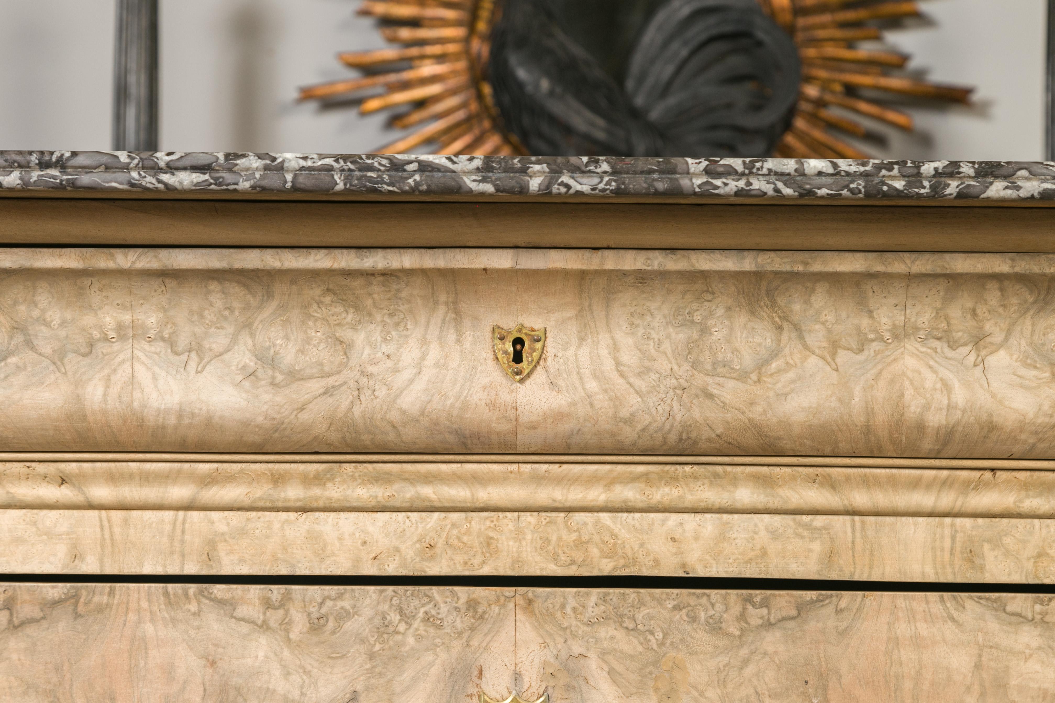 Wood French 1870s Louis-Philippe Style Bleached Burl Veneer Commode with Marble Top