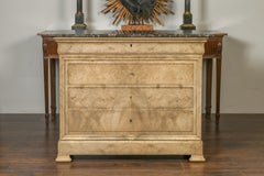 French 1870s Louis-Philippe Style Bleached Burl and Grey Marble-Top Commode