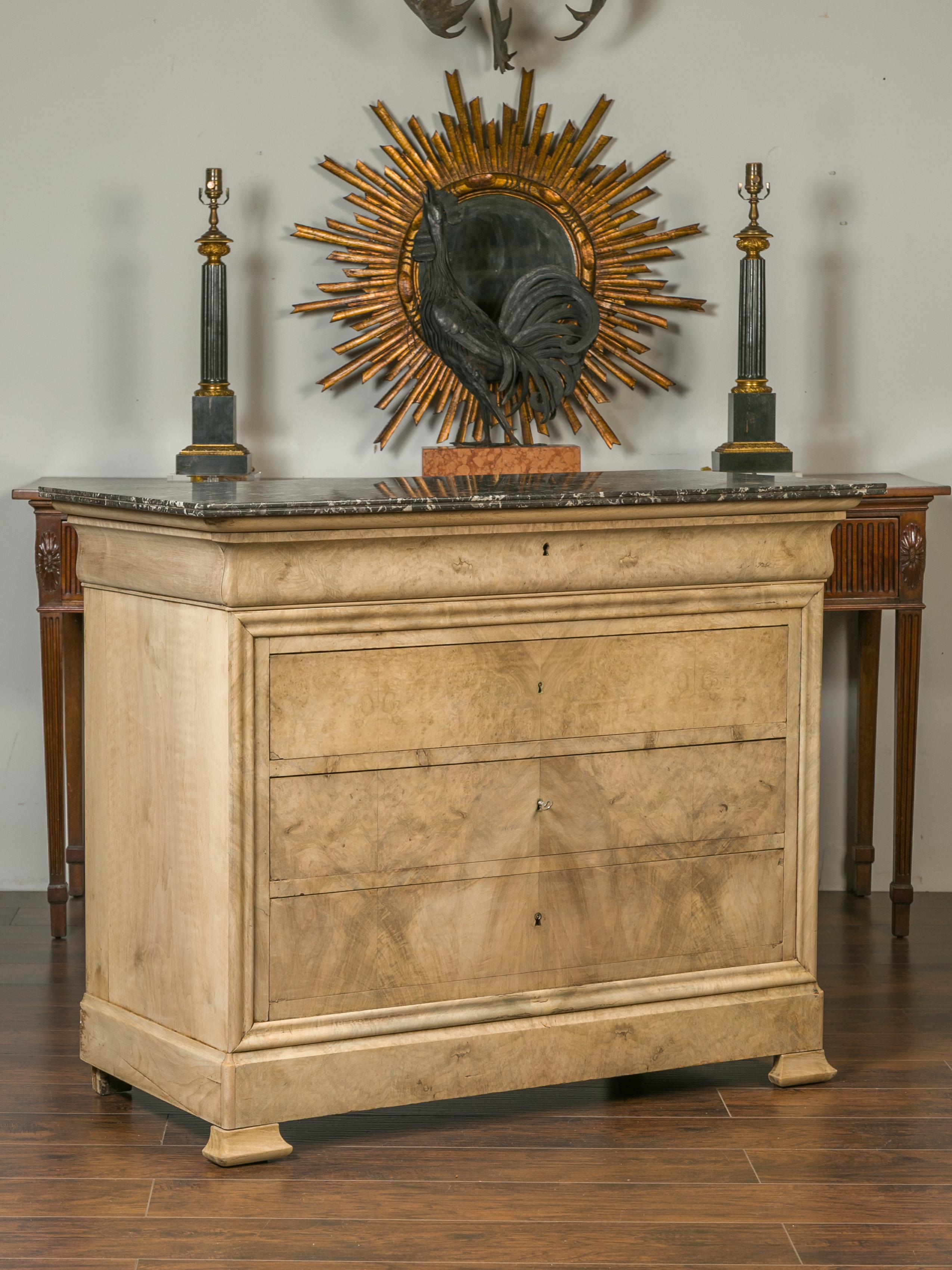Veneer French 1870s Louis-Philippe Style Bleached Burl and Grey Marble-Top Commode