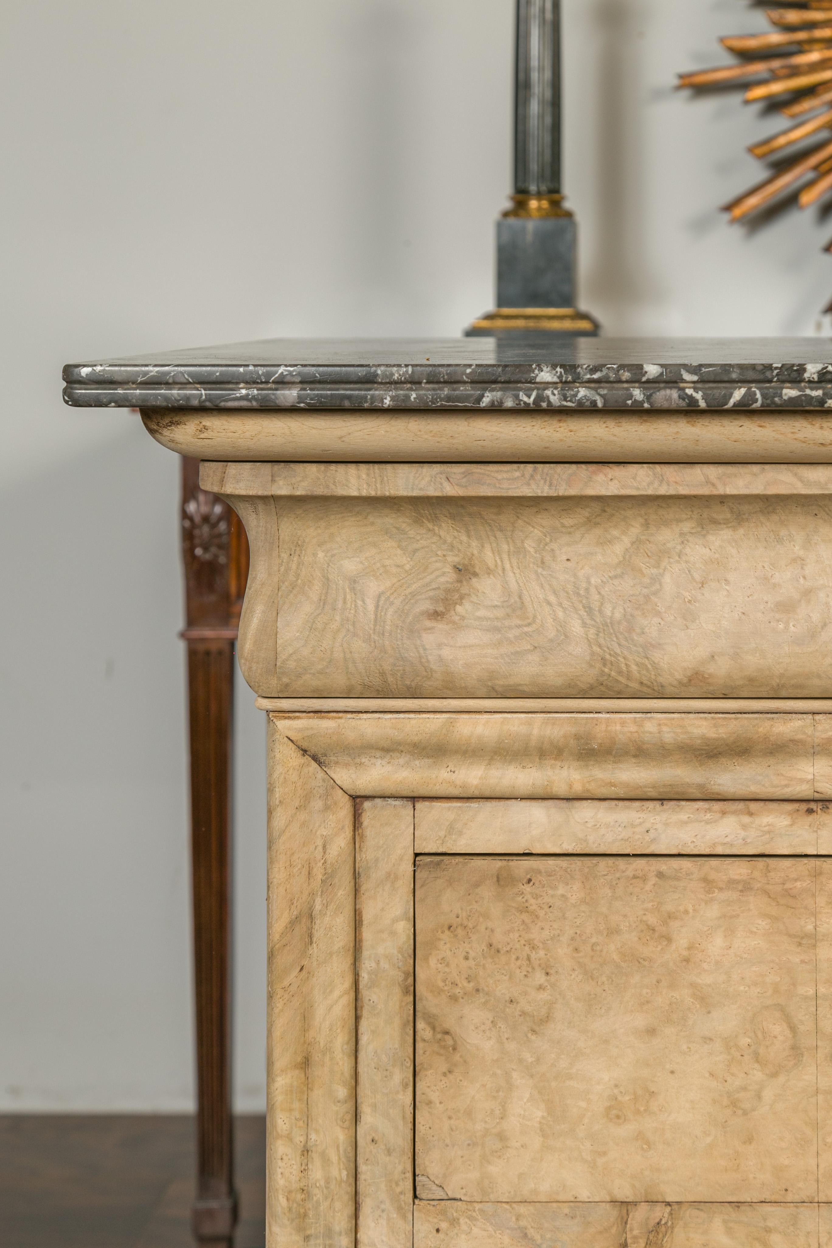 19th Century French 1870s Louis-Philippe Style Bleached Burl and Grey Marble-Top Commode